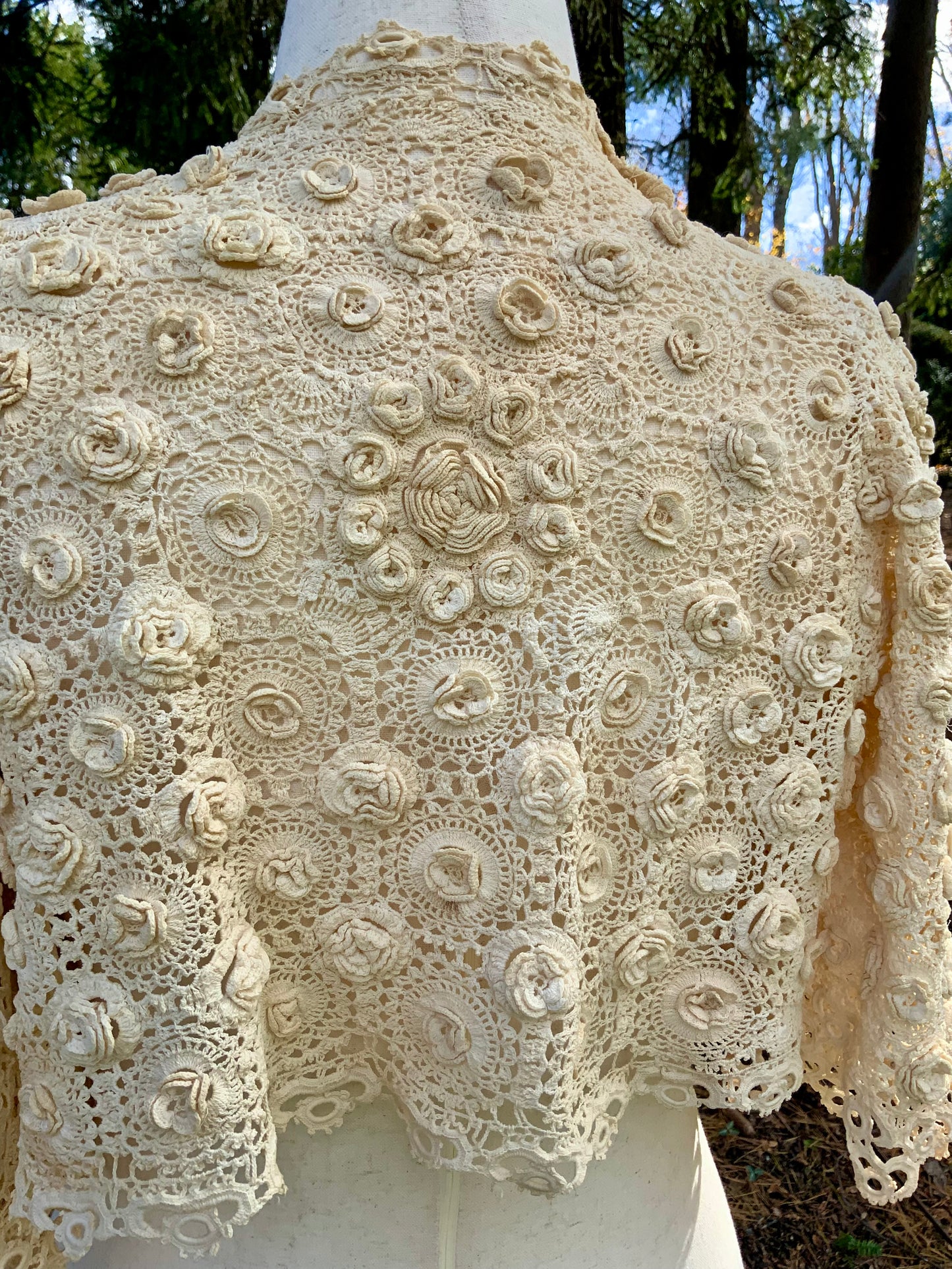 1930s–40s Hand-Crocheted Irish Lace Jacket — Antique Ivory Floral Jaclet-30AW