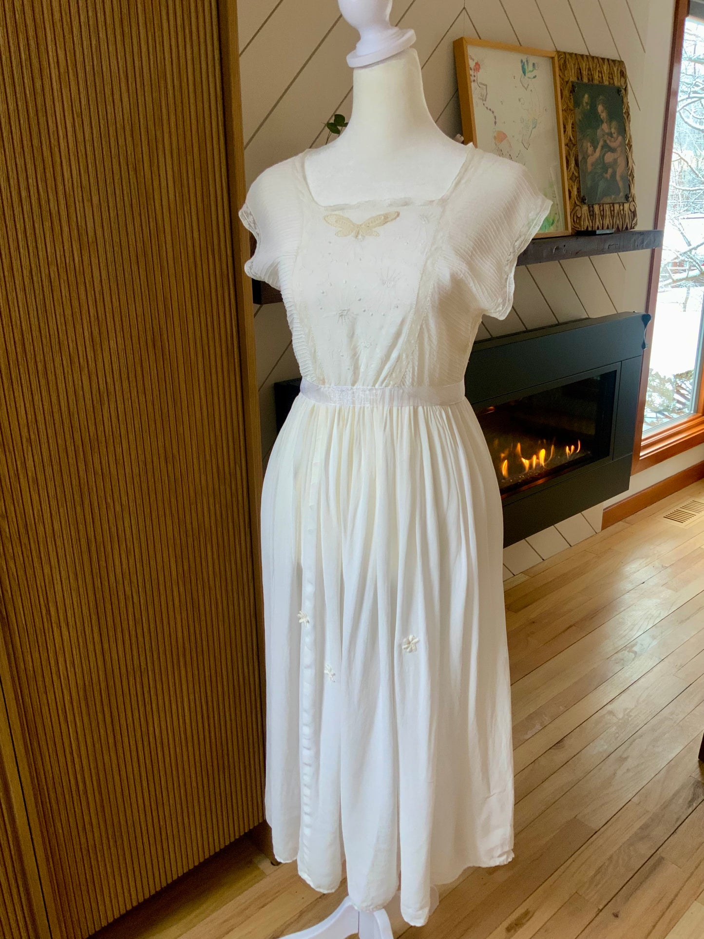 1930s Chiffon Lingerie Dress — Antique Ivory Embroidered Boudoir Gown with Butterfly Motif-30BE