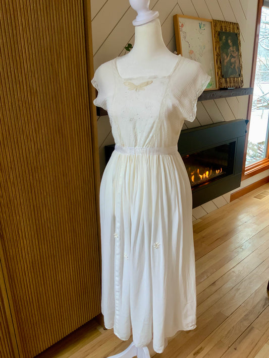 1930s Chiffon Lingerie Dress — Antique Ivory Embroidered Boudoir Gown with Butterfly Motif-30BE