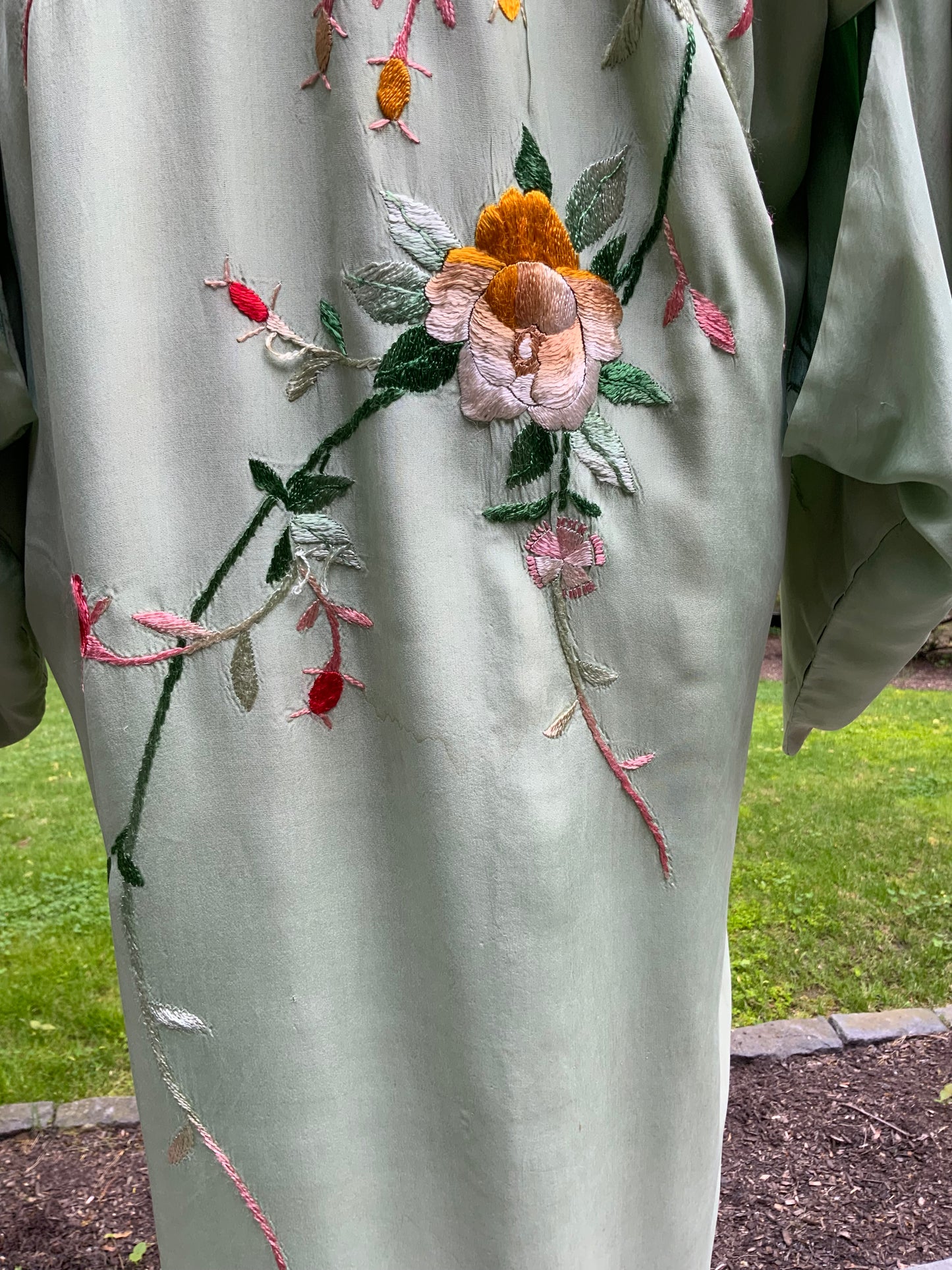 Vintage Japanese Silk Embroidered Kimono | Celadon Green Floral Robe
-40CD