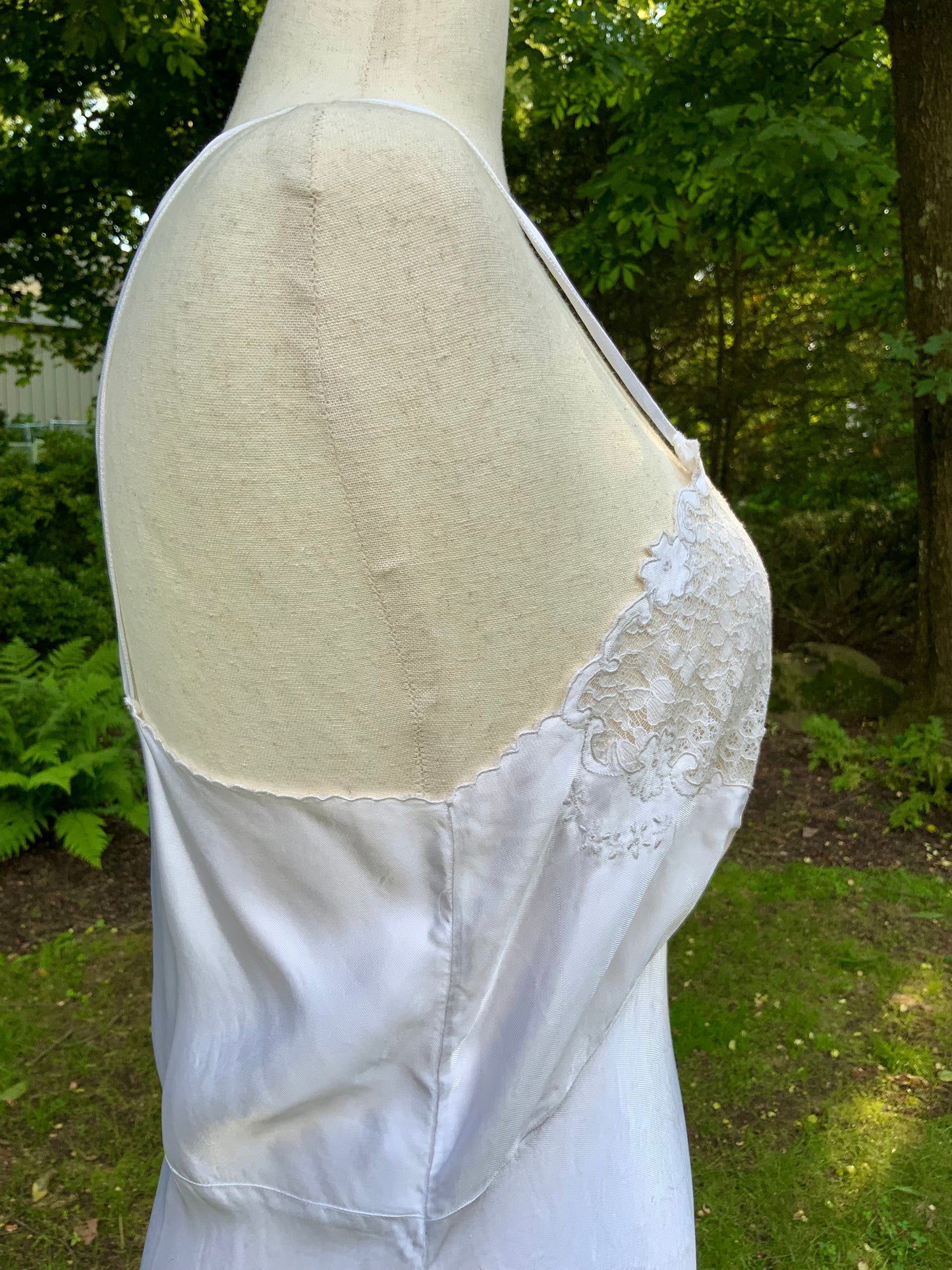 1930s White Satin Bias Cut Slip Dress with Floral Lace .40BT