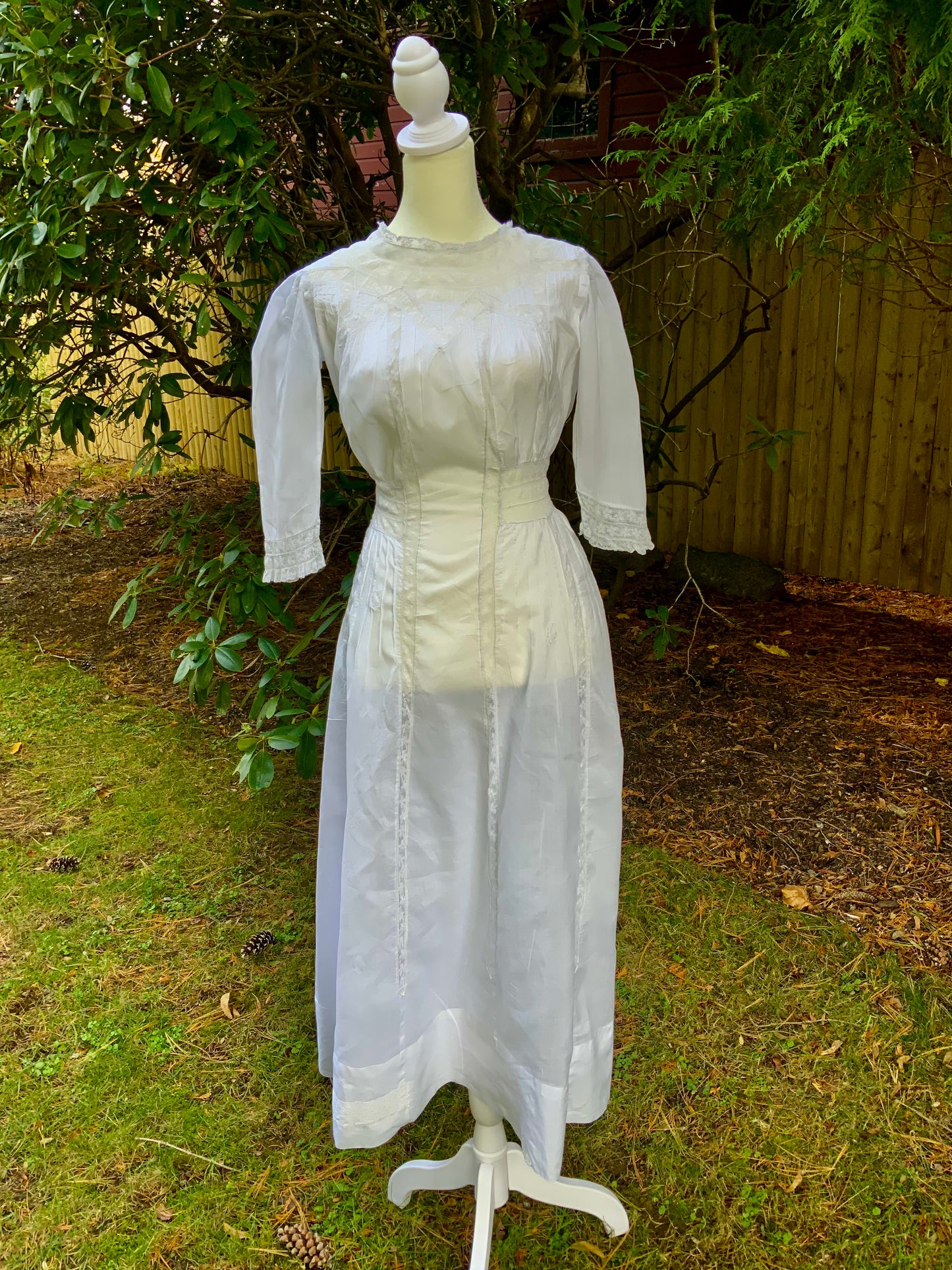 Edwardian White Cotton Lace Tea Dress c.1908–1914 — Pintucks, Lace Inserts - ED37