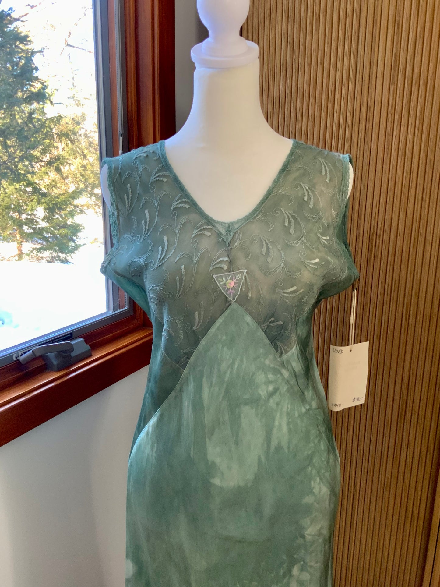 Hand Dyed Antique Satin & Chiffon Nightgown | Restored Vintage Lingerie Dress | 1930s Bias Cut Green Silk Satin Slip
- 40AD