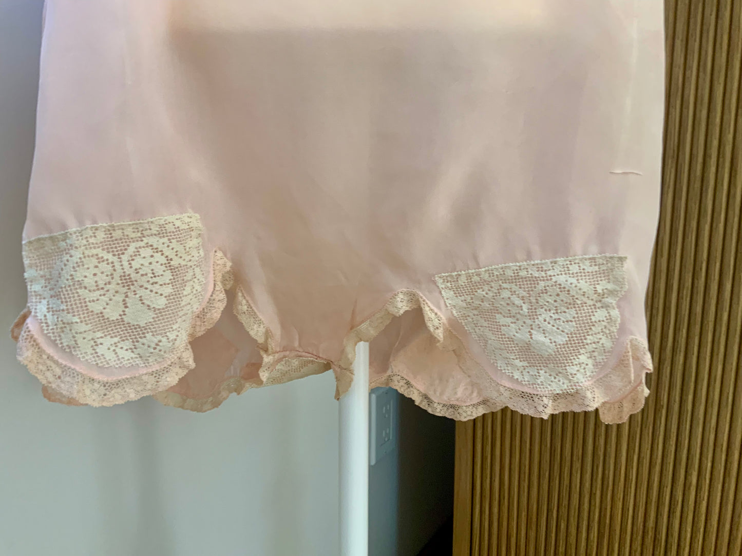 1920s–30s Blush Silk Teddy (Camiknicker) — Pure Silk Boudoir One-Piece with Lace Appliqué-20AL