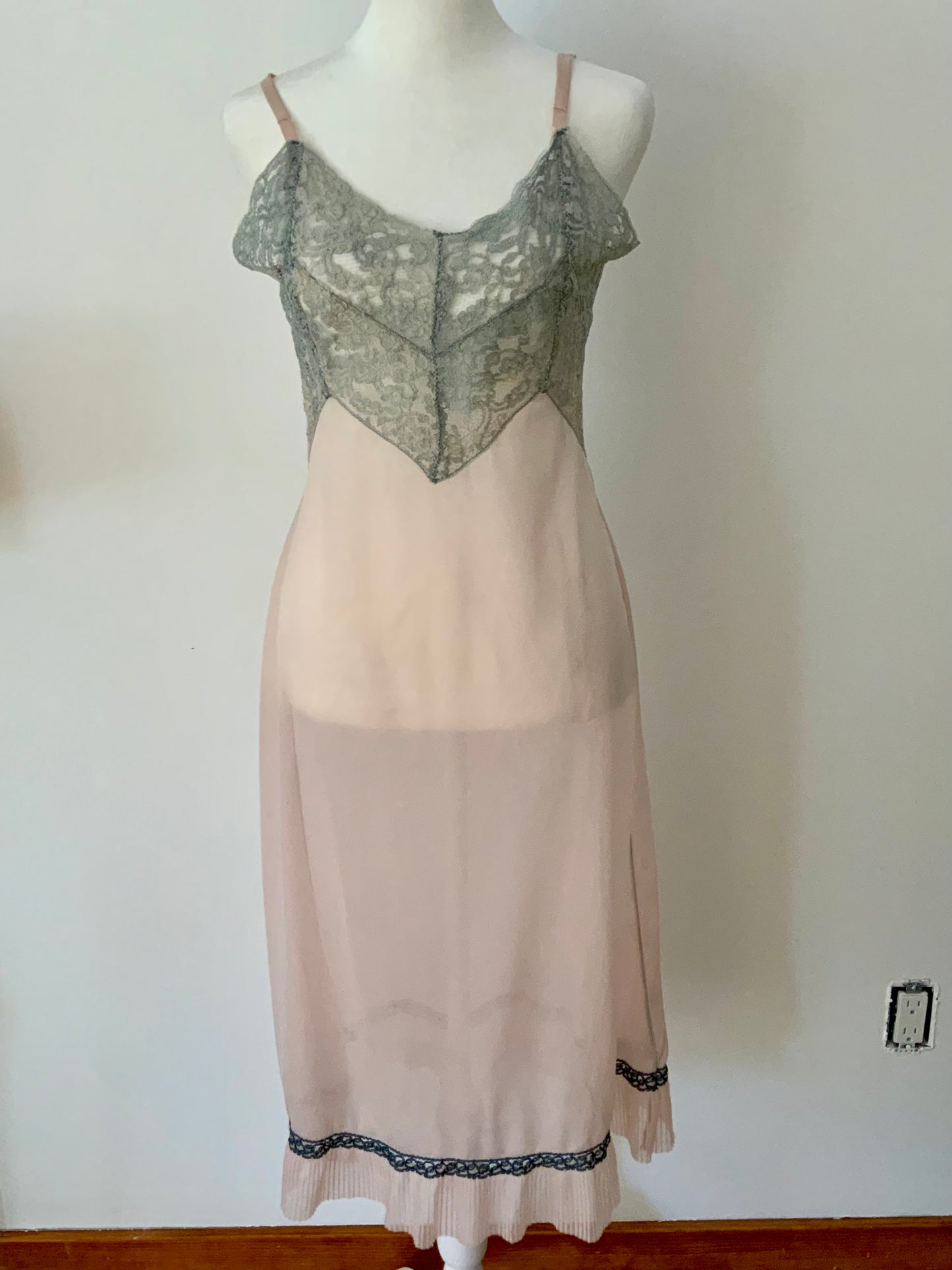 Late 1930s Myra Joy Nylon Slip Dress with Sage Lace Bodice | Art Deco Lingerie Gown-30BB