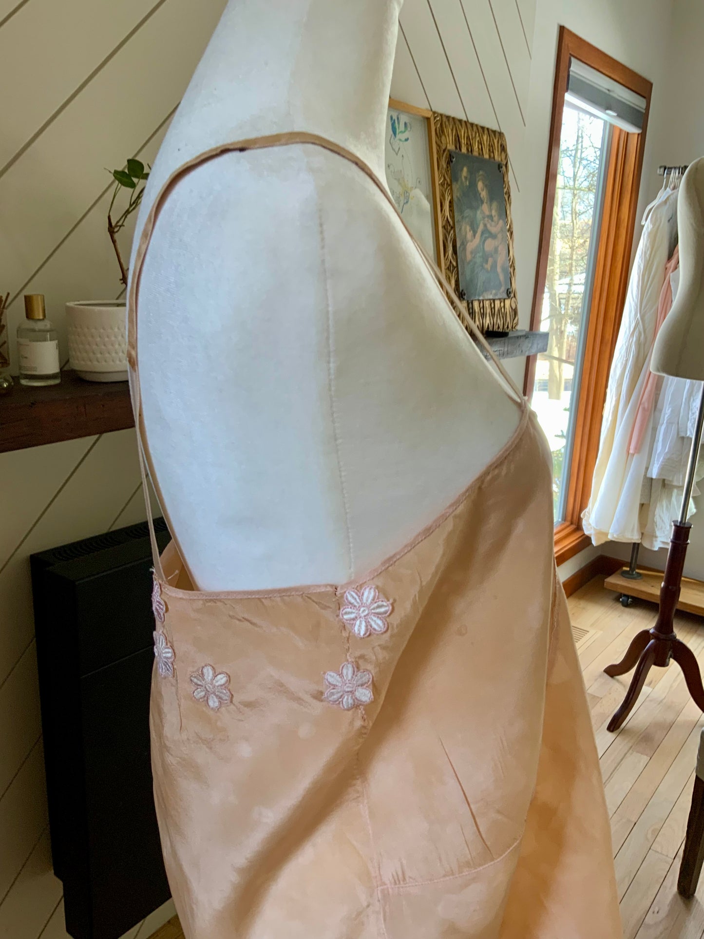 1920s–30s Tea-Dyed Silk Boudoir Teddy | Antique Peach Silk Chemise | Restored Lace Lingerie | Romantic French Style Teddy-20AM