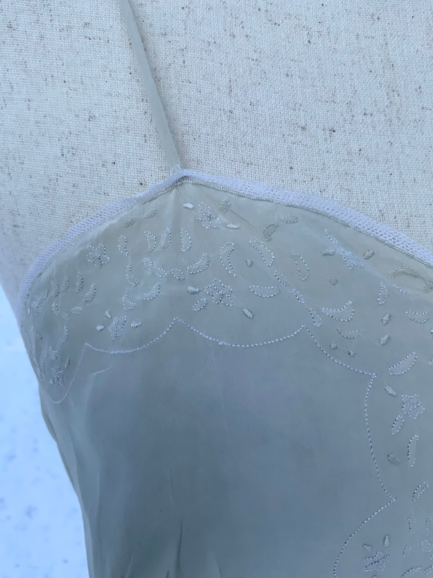 Antique silk lingerie slip, circa 1918–1922, featuring rare open-back drawstring construction and hand-embroidered bust panels- 20AR