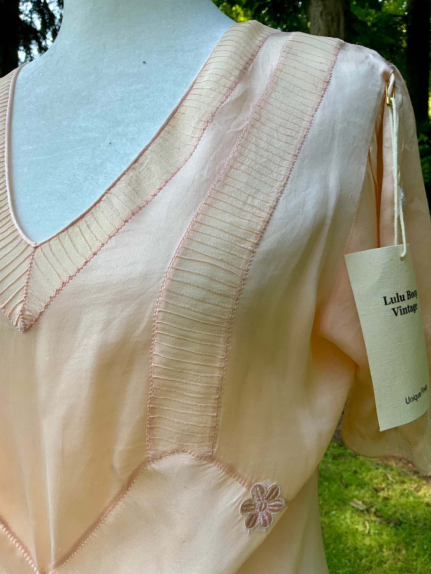 Rare Late 1930s Peach Silk Evening Gown. Pleated Bodice. Bias Cut. Restored Floral Details.30CY