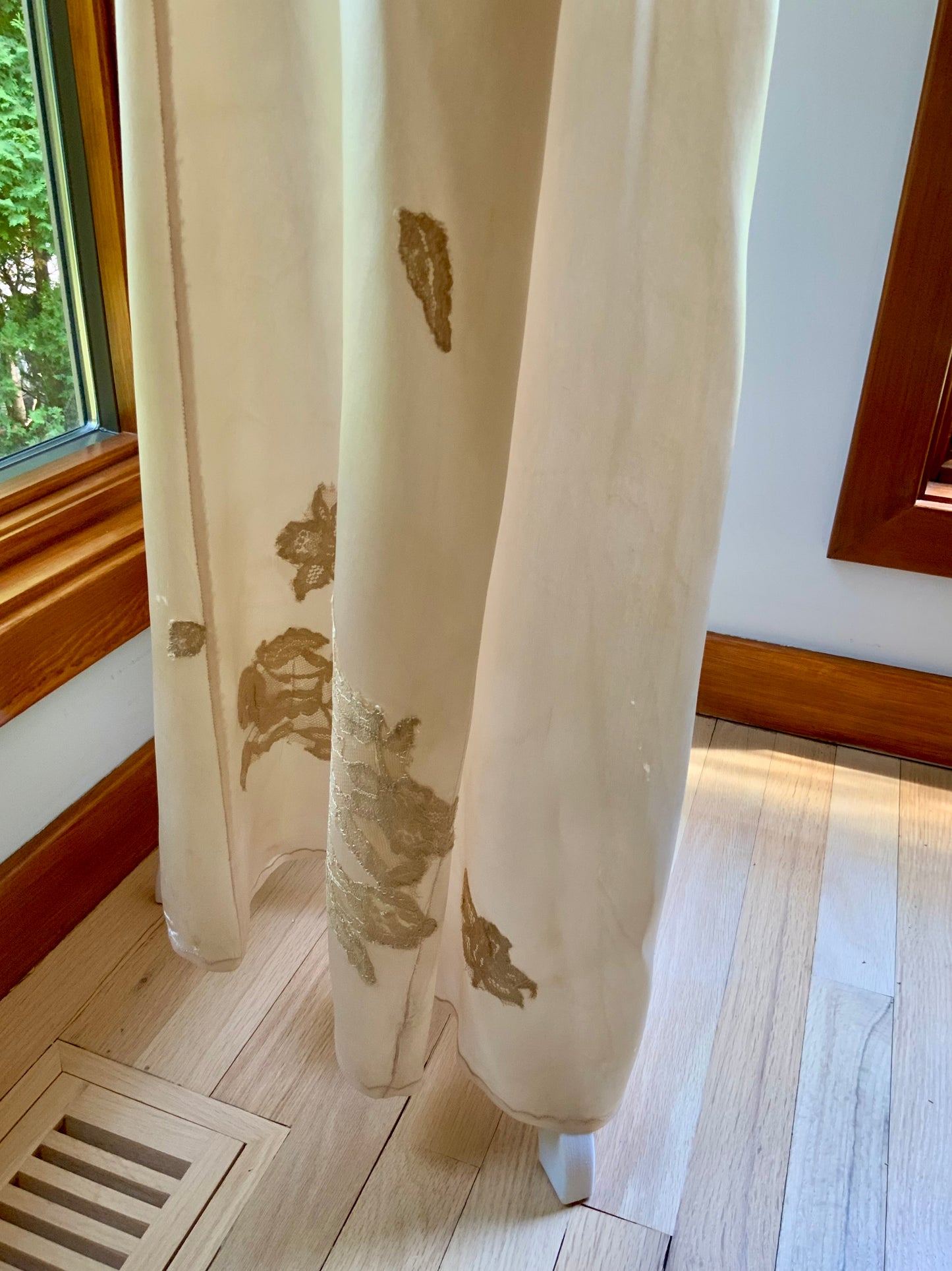 1930s Tea Dyed Silk Gown | Restored Antique Silk Lounge Dress | Lace Appliqué