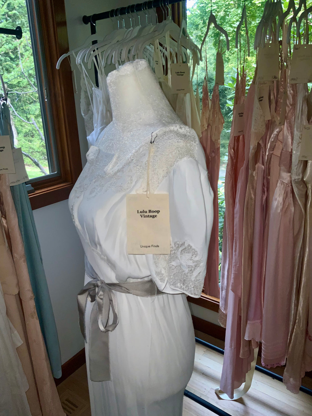 Circa 1930s–1940s White Satin Nightgown with Floral Lace and Ribbon Sash.