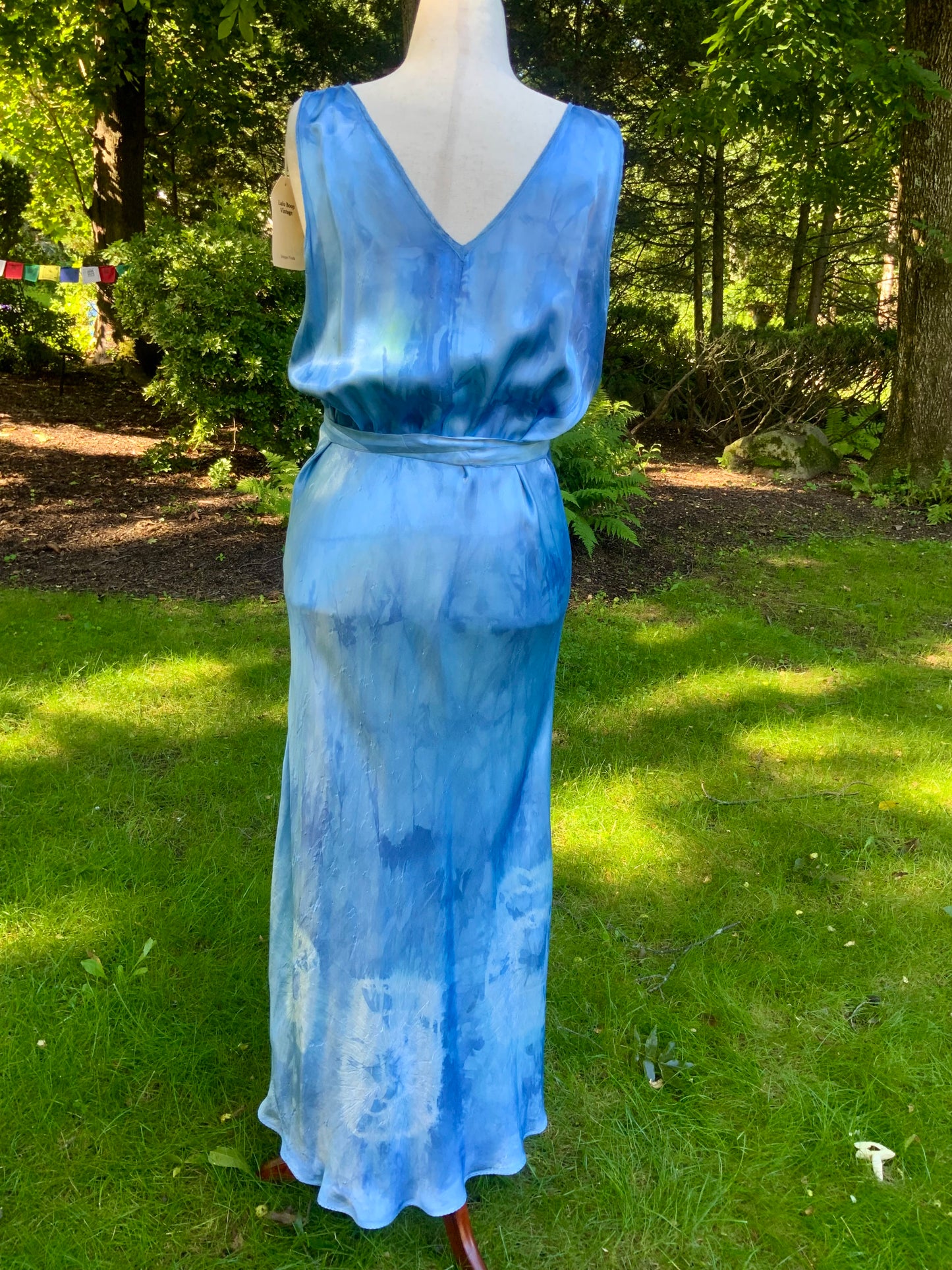 1930s Hand Dyed Blue Bias Cut Satin Nightgown with Lace.40BZ