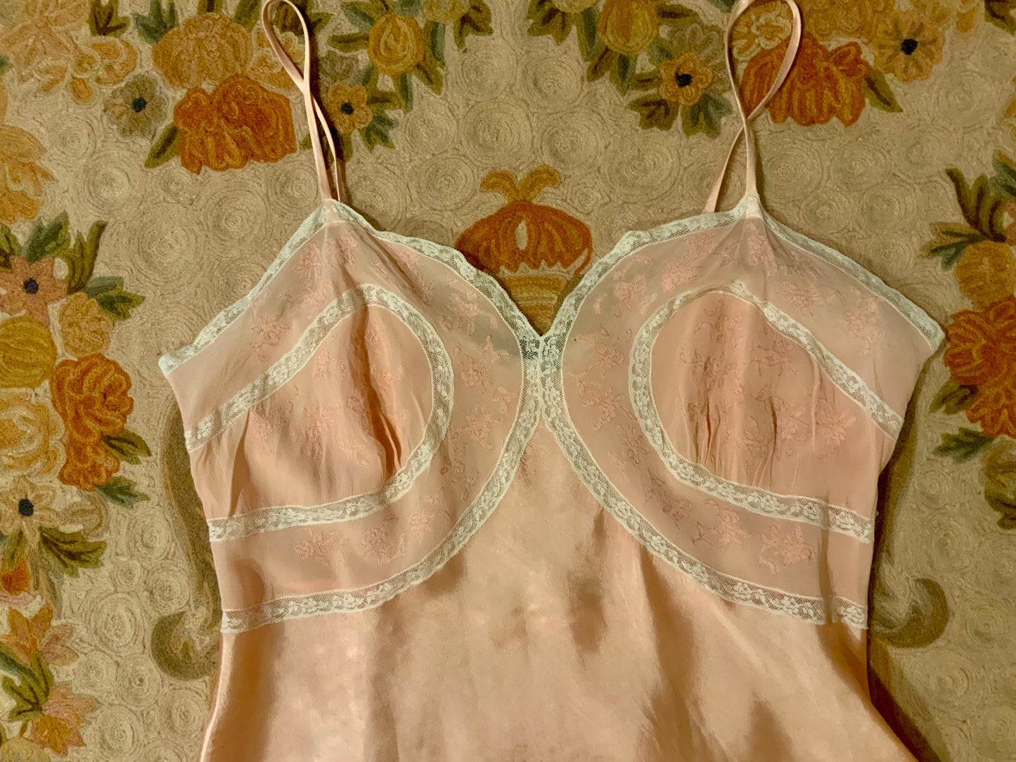1930s Blush Satin & Chiffon Slip Dress – Floral Embroidery & Lace Panels - 30BA
