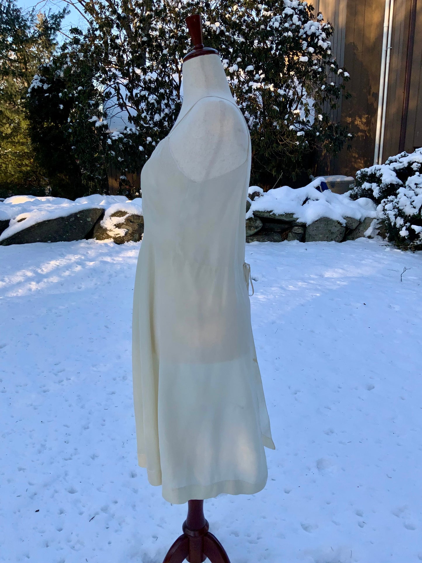 Antique silk lingerie slip, circa 1918–1922, featuring rare open-back drawstring construction and hand-embroidered bust panels- 20AR