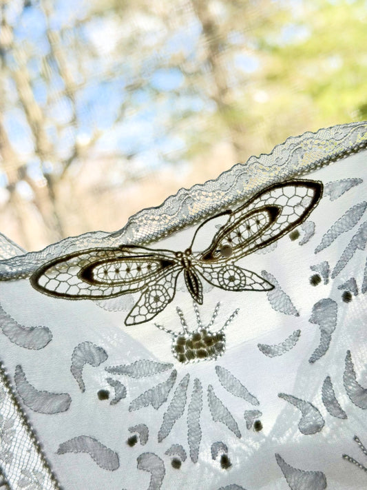 1930s Chiffon Lingerie Dress — Antique Ivory Embroidered Boudoir Gown with Butterfly Motif-30BE