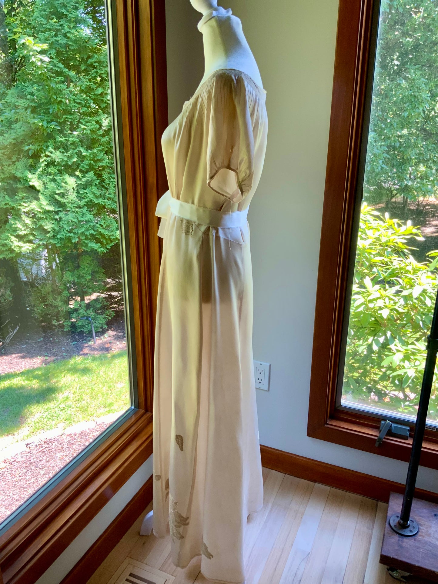 1930s Tea Dyed Silk Gown | Restored Antique Silk Lounge Dress | Lace Appliqué