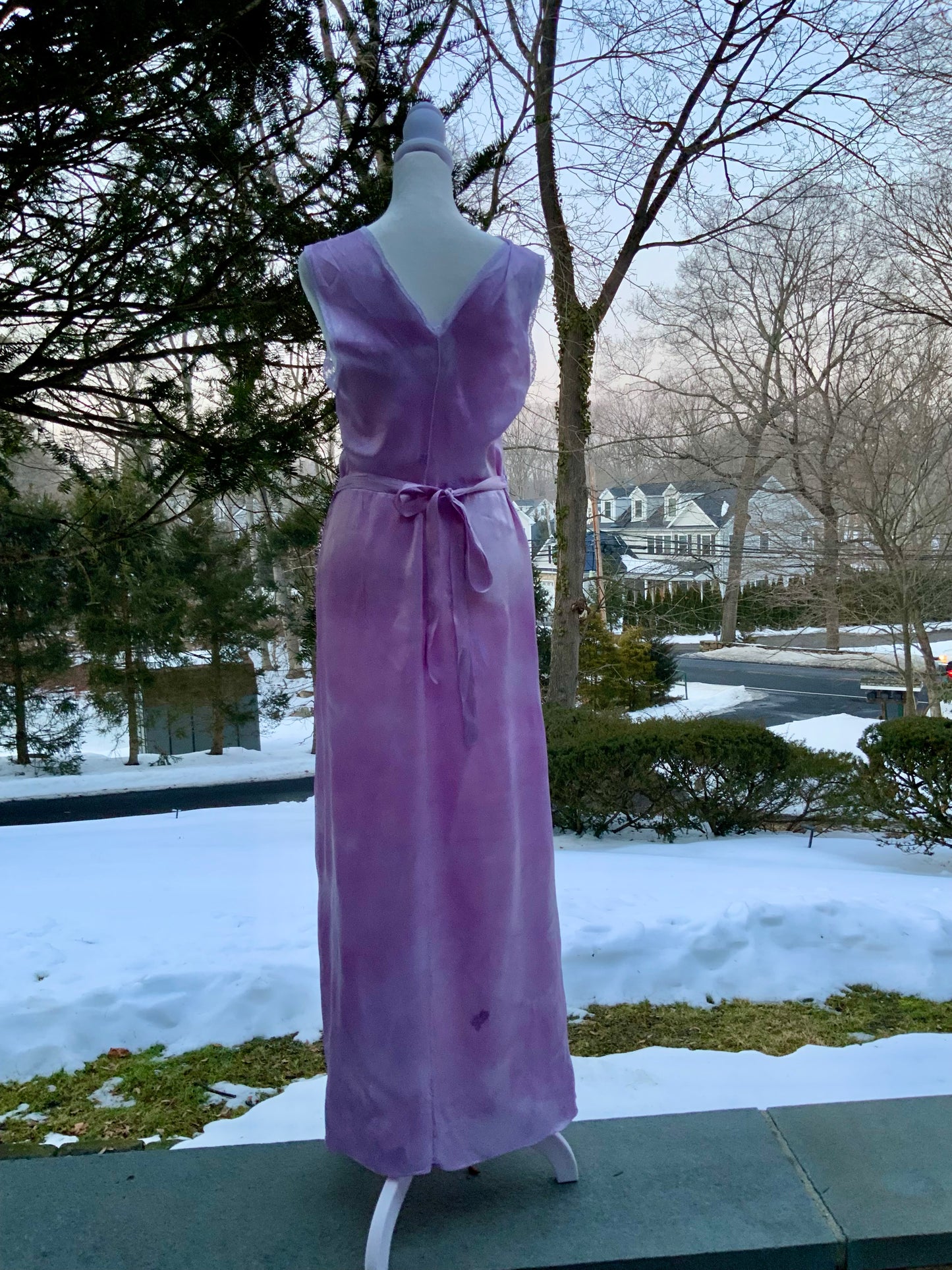 1970s Lilac Satin & Lace Gown – Hand Dyed Romantic Vintage Maxi Dress
 - 50V