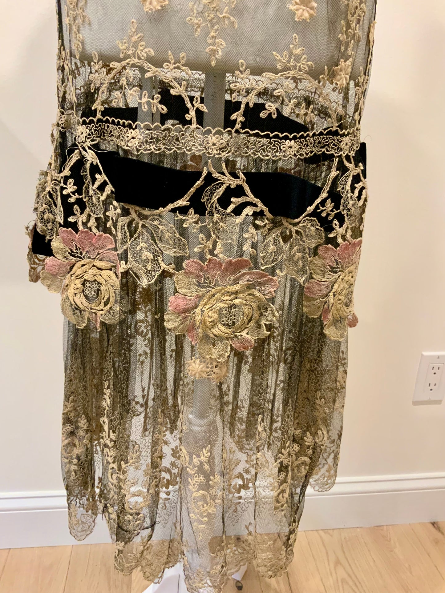 Rare 1920s French Lace Dress. Black Net & Pink Floral Embroidery. Restored Antique Flapper Dress.20AT.