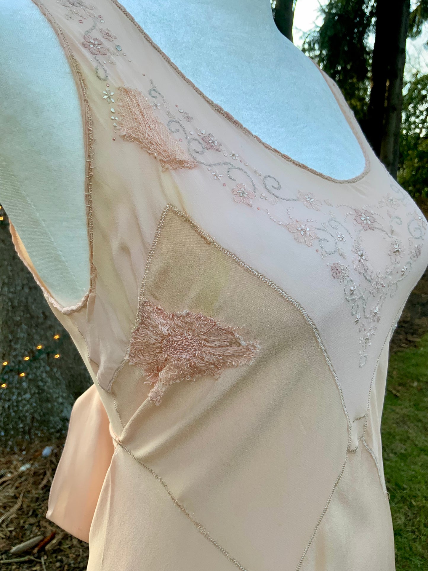 1930s Peach Rayon Nightgown with Art Deco Embroidery & Restored Lace Appliqués – Bias Cut Vintage Lingerie - 30AZ