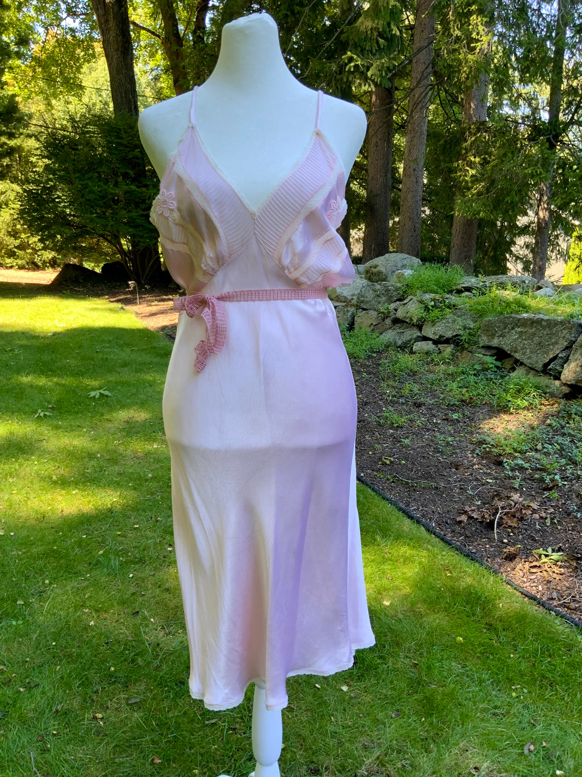 1930s Blush Pink Satin Bias Cut Slip Dress with Pleated Trim.30CN