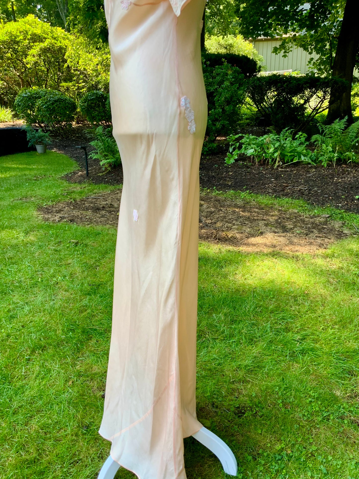 Rare Late 1930s Peach Silk Evening Gown. Pleated Bodice. Bias Cut. Restored Floral Details.30CY