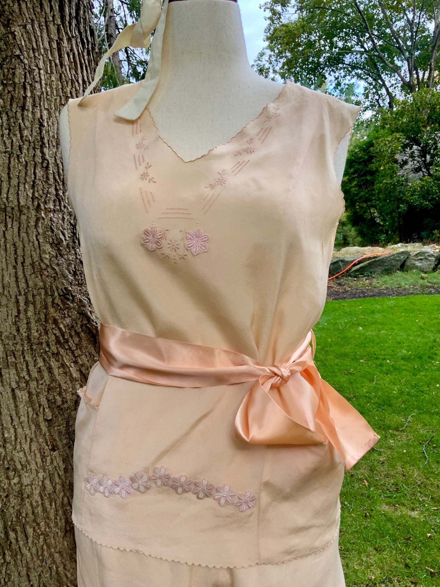 1920s–1930s Pure Silk Peach Pajama | Hand Restored with Vintage Floral Appliqués & Satin Ribbon | One-of-a-Kind Collectible Loungewear- 20AJ