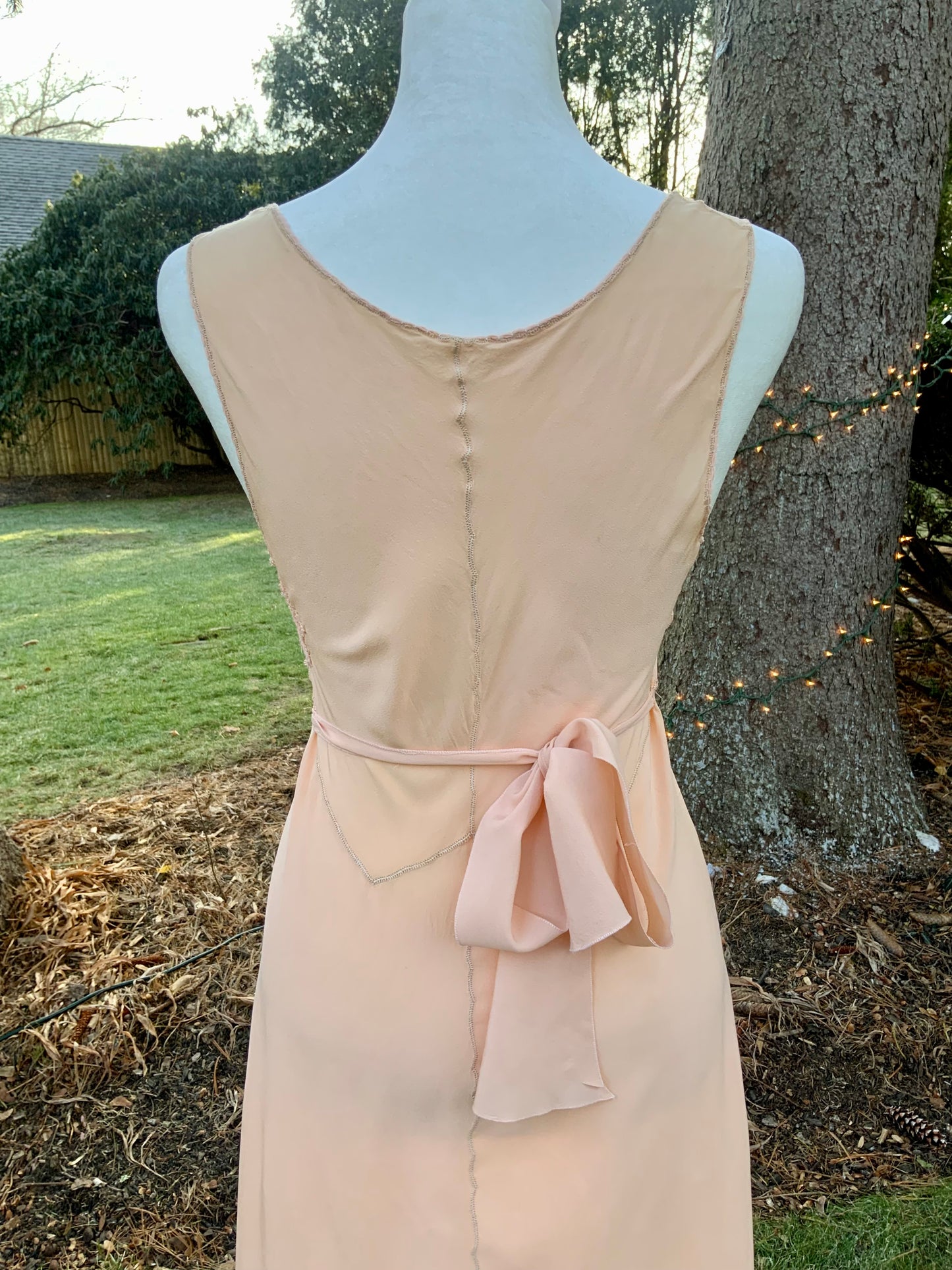 1930s Peach Rayon Nightgown with Art Deco Embroidery & Restored Lace Appliqués – Bias Cut Vintage Lingerie - 30AZ