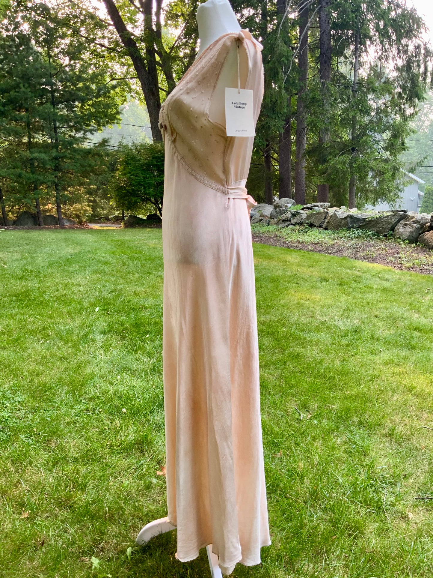 Late 1930s Tea Dyed Champagne Satin Gown Hollywood Glamour Vintage Bridal Slip Dress Boudoir-40BM