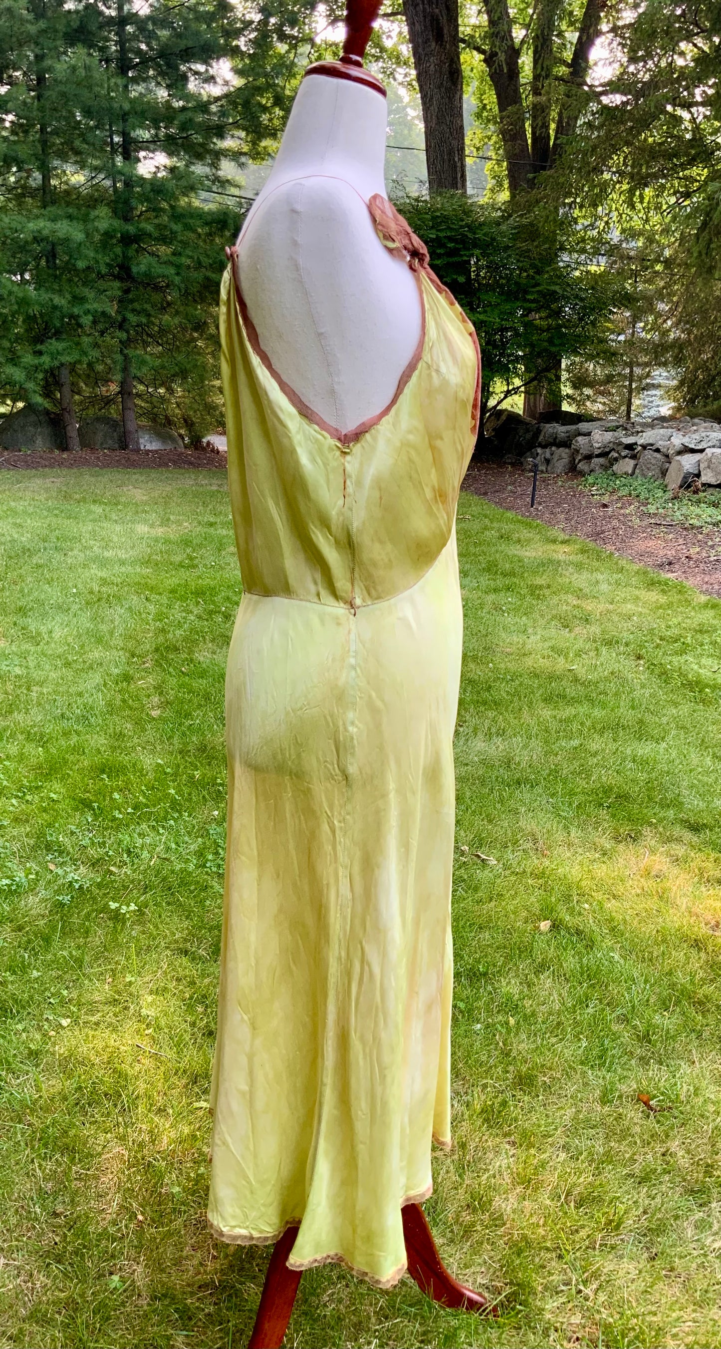 1930s Hand Dyed     Botanical Inspired Hand Dyed Silk Slip Dress. One of a Kind Woodland Fairy Bias Cut Gown.30BZ