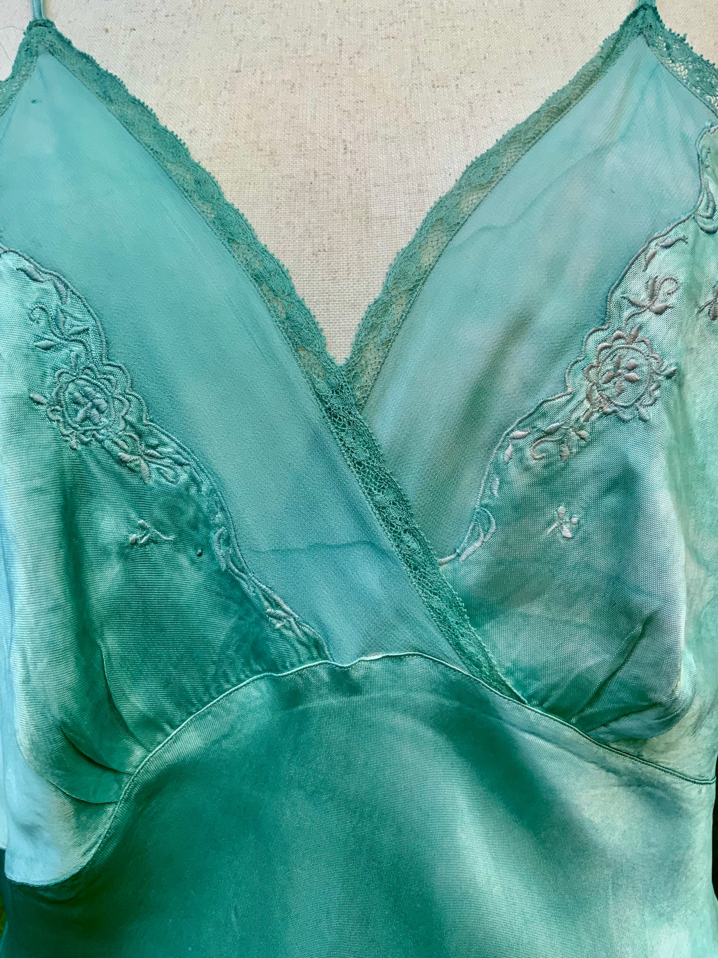 1930s Hand-Dyed Aqua Satin Slip Dress. Embroidered Bias Cut Slip with Sash.40CB