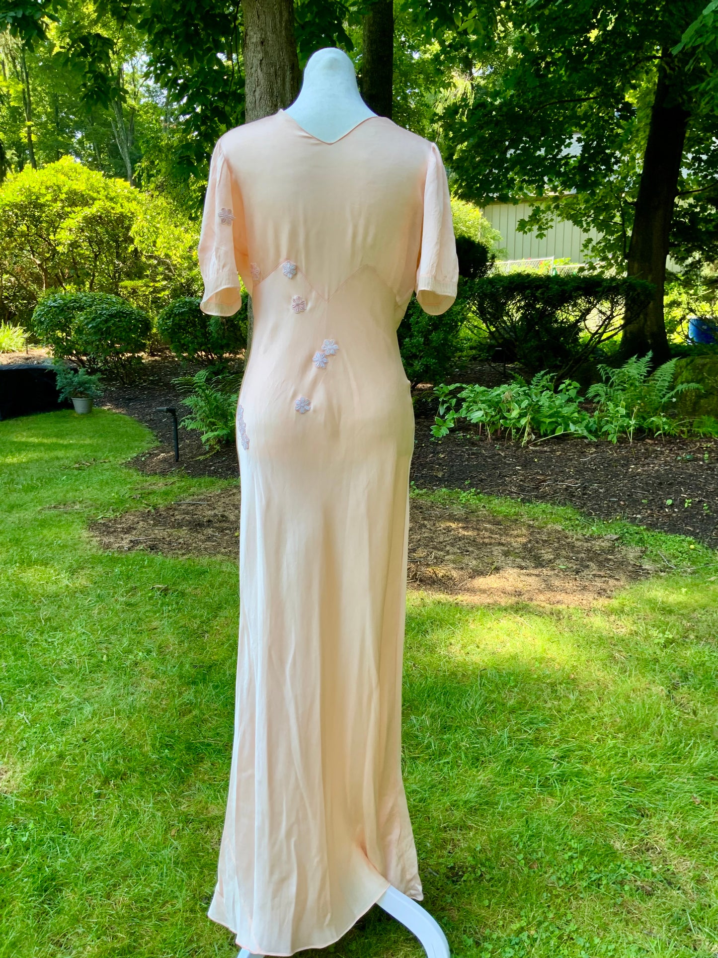 Rare Late 1930s Peach Silk Evening Gown. Pleated Bodice. Bias Cut. Restored Floral Details.30CY