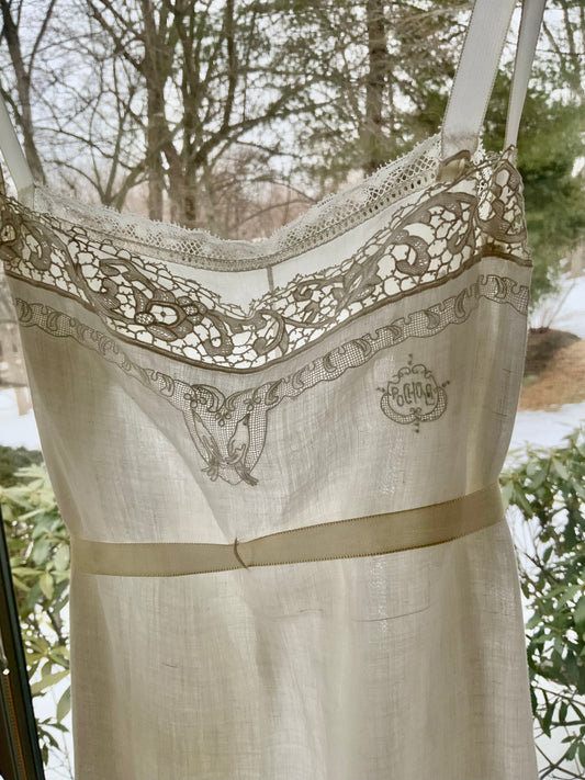 Edwardian Argentine Monogrammed Cotton Slip Dress with Embroidered Birds | “Pochola” | Antique Lace Lingerie c.1910s
-ED59