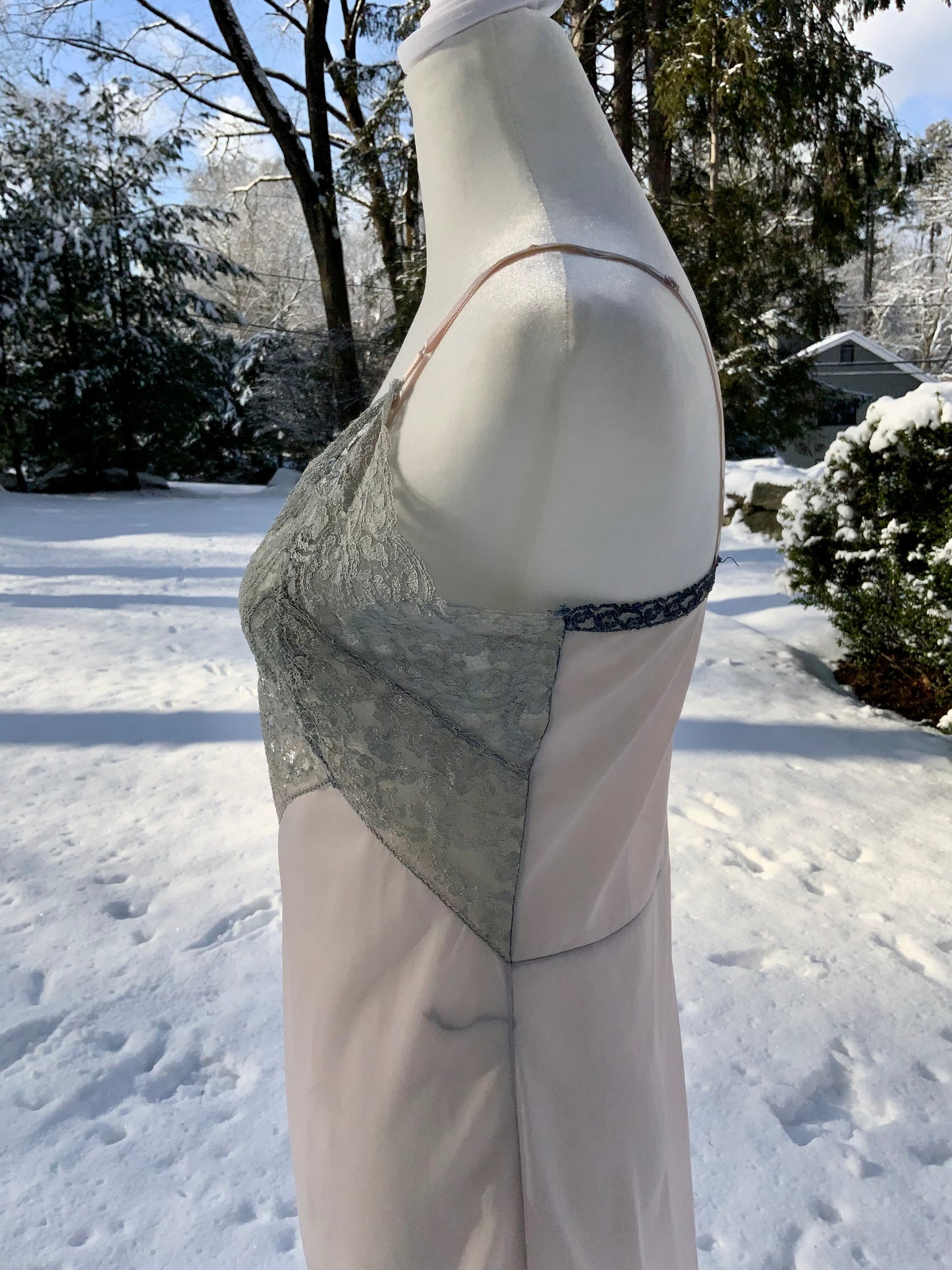 Late 1930s Myra Joy Nylon Slip Dress with Sage Lace Bodice | Art Deco Lingerie Gown-30BB