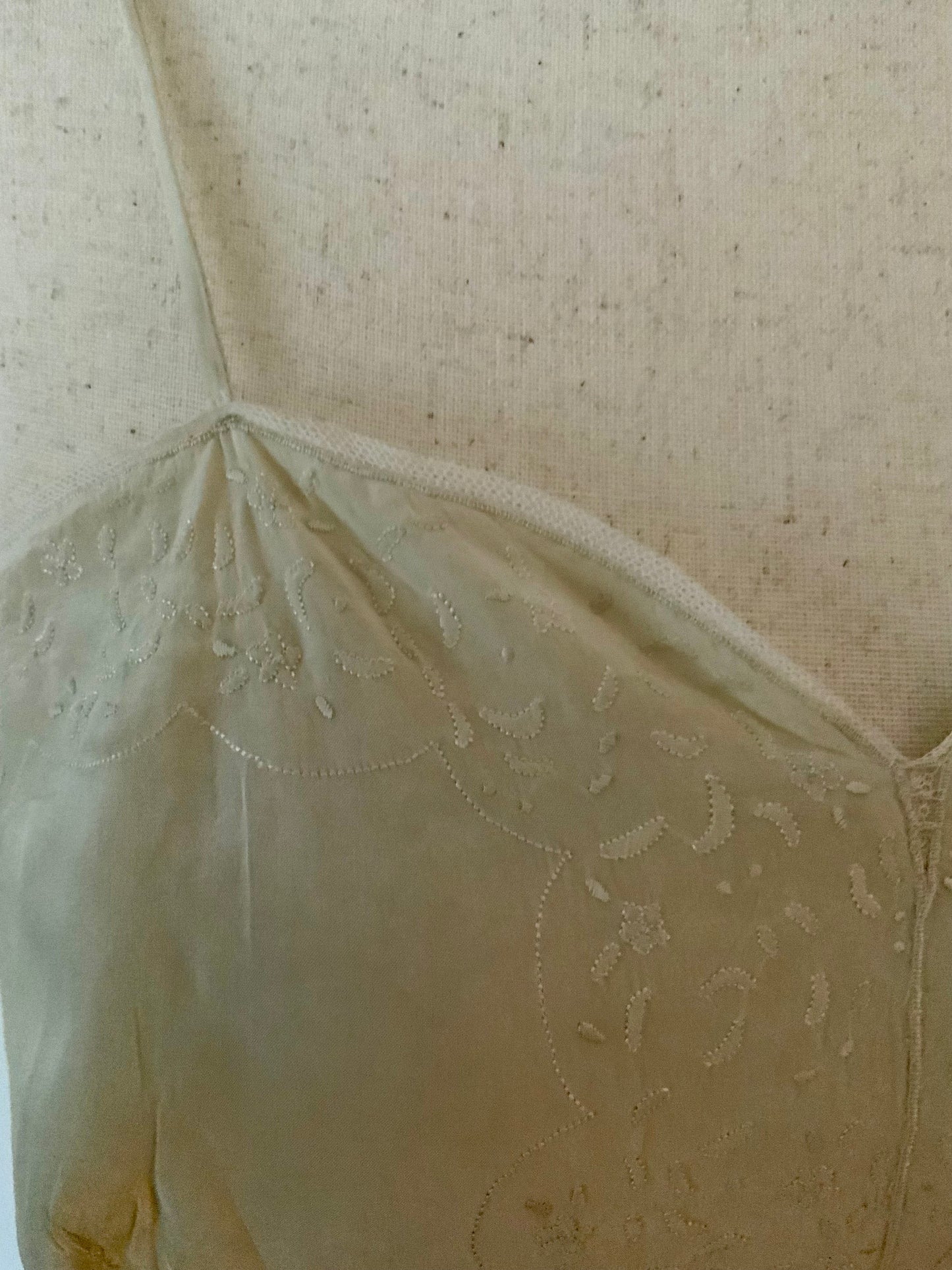 Antique silk lingerie slip, circa 1918–1922, featuring rare open-back drawstring construction and hand-embroidered bust panels- 20AR