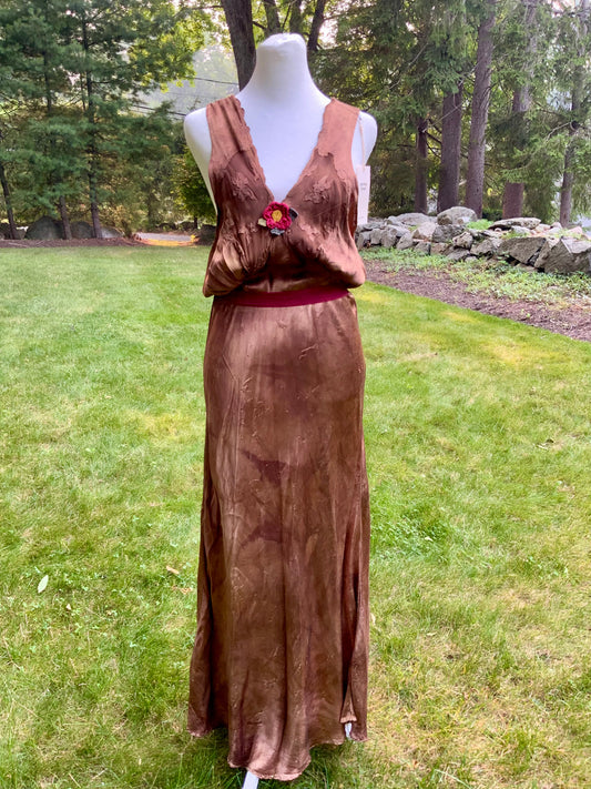 1930s Hand Dyed Silk Slip Dress Chocolate Brown Bias Cut Art Deco Embroidered Bodice OOAK
-40BK