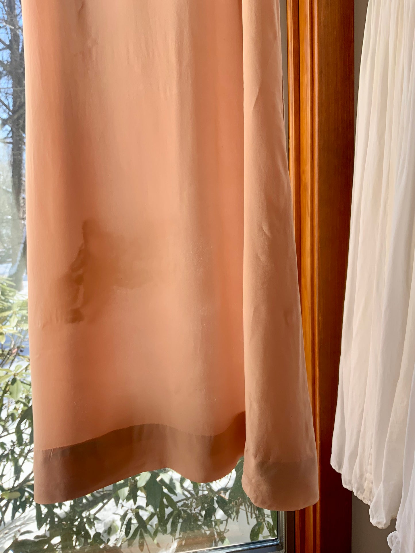 1940s Peach Silk Slip Dress with Antique Lace Appliqué — Pure Silk Boudoir Nightgown-40AU