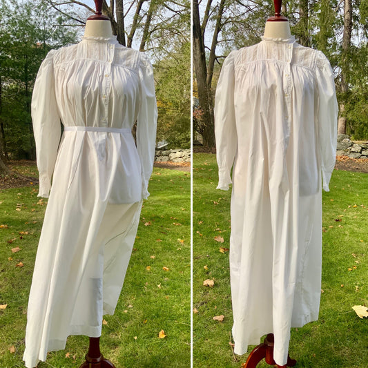 Victorian–Edwardian White Cotton Nightgown c.1895–1910 • Lace & Pintucks • ED38