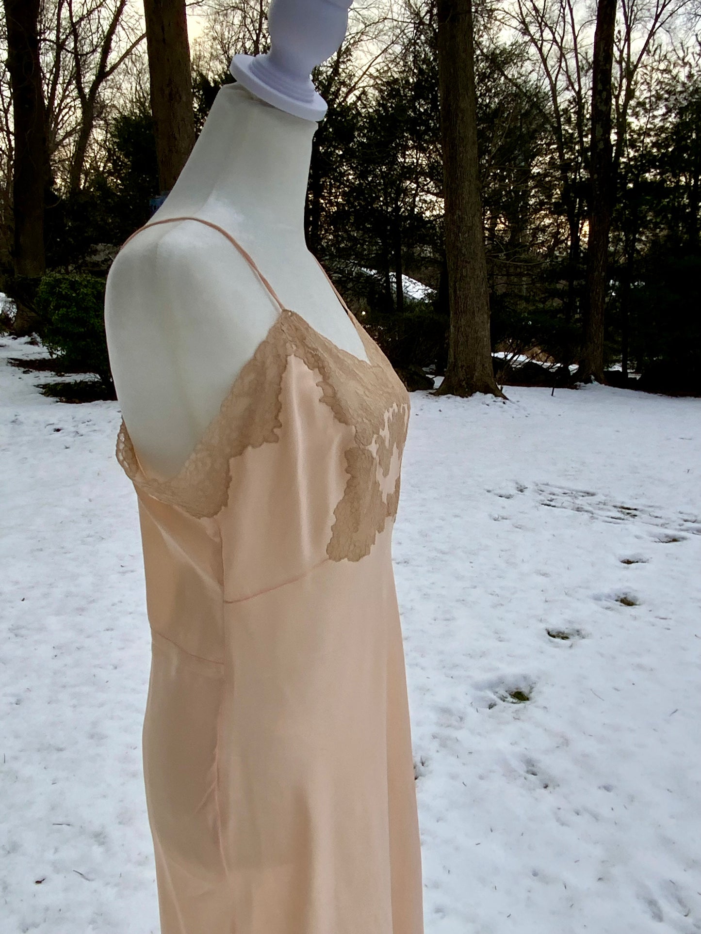 Late 1930s True Silk Peach Slip Dress with Lace Bodice | Bias Cut Antique Lingerie-40AR