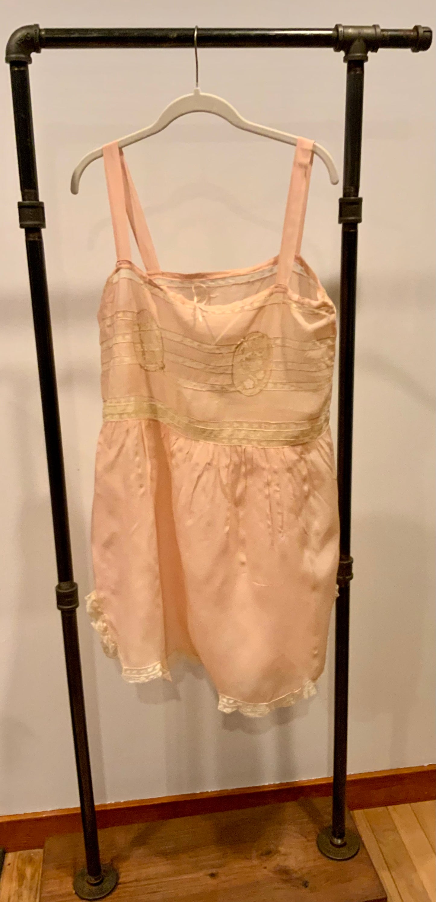 Circa 1912–1918 Blush Pink Silk Chiffon Teddy with Antique Lace – Edwardian Boudoir Lingerie-ED47