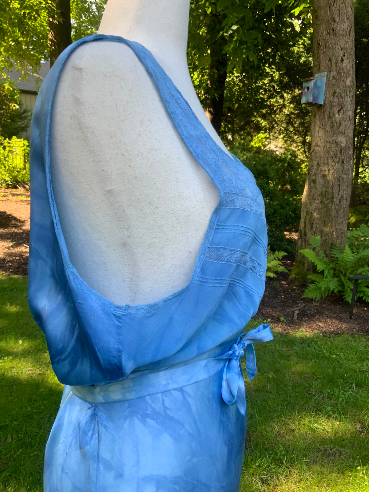 1930s Hand Dyed Blue Bias Cut Satin Nightgown with Lace.40BZ