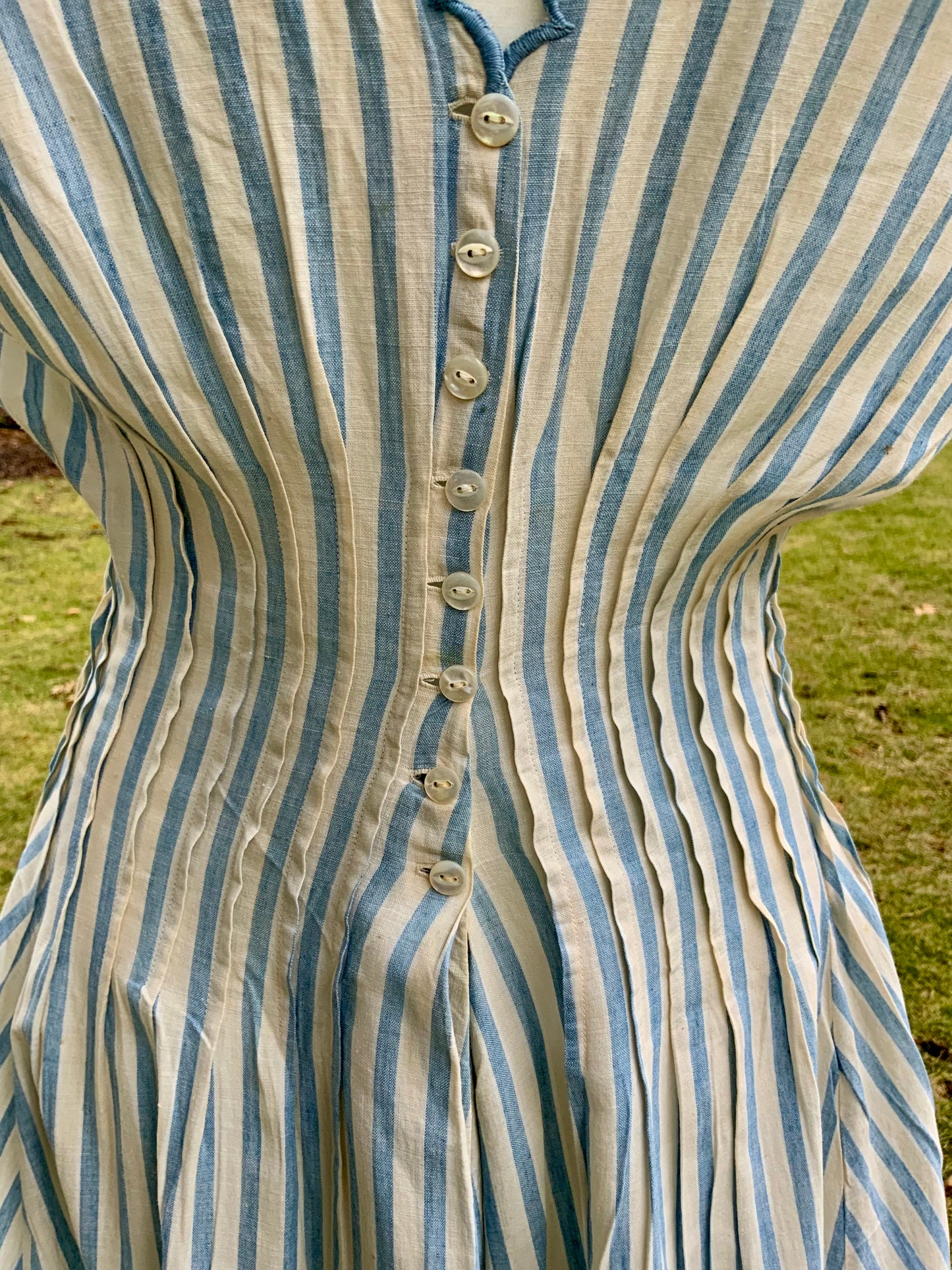 Rare 1915–1922 Edwardian Blue & Ivory Striped Cotton Summer Dress with Chevron Hem-ED42