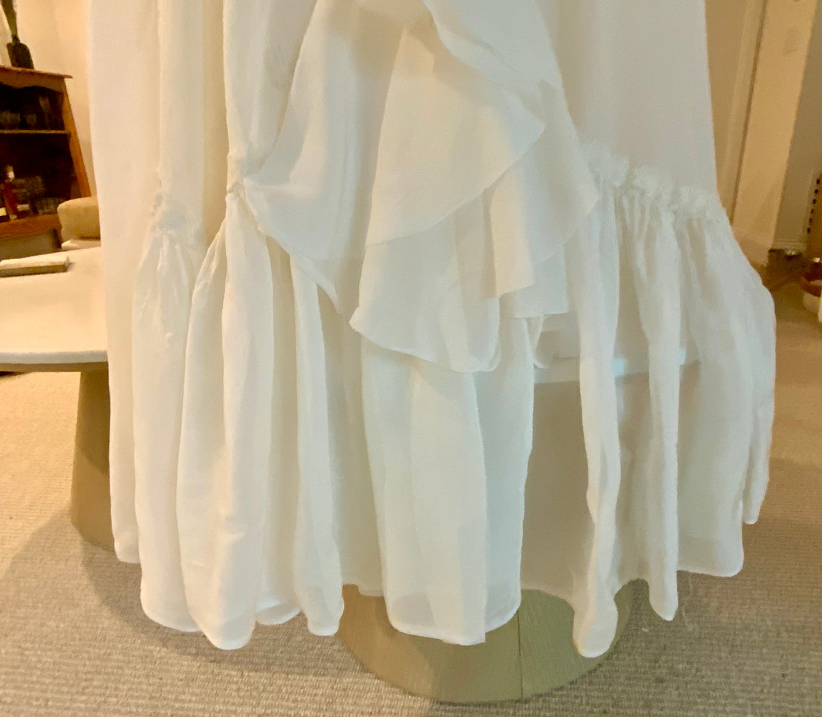 Circa 1940s Ivory Chiffon Wedding Gown with Beaded Shell Motifs and Lace Appliqués.40CH.
