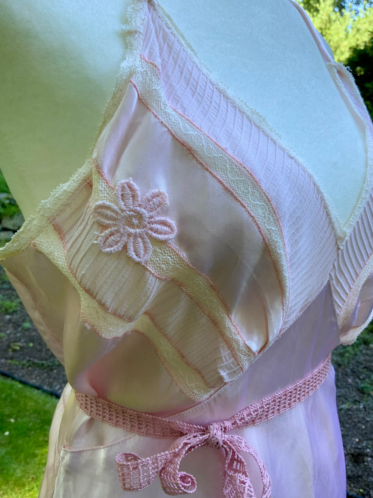 1930s Blush Pink Satin Bias Cut Slip Dress with Pleated Trim.30CN
