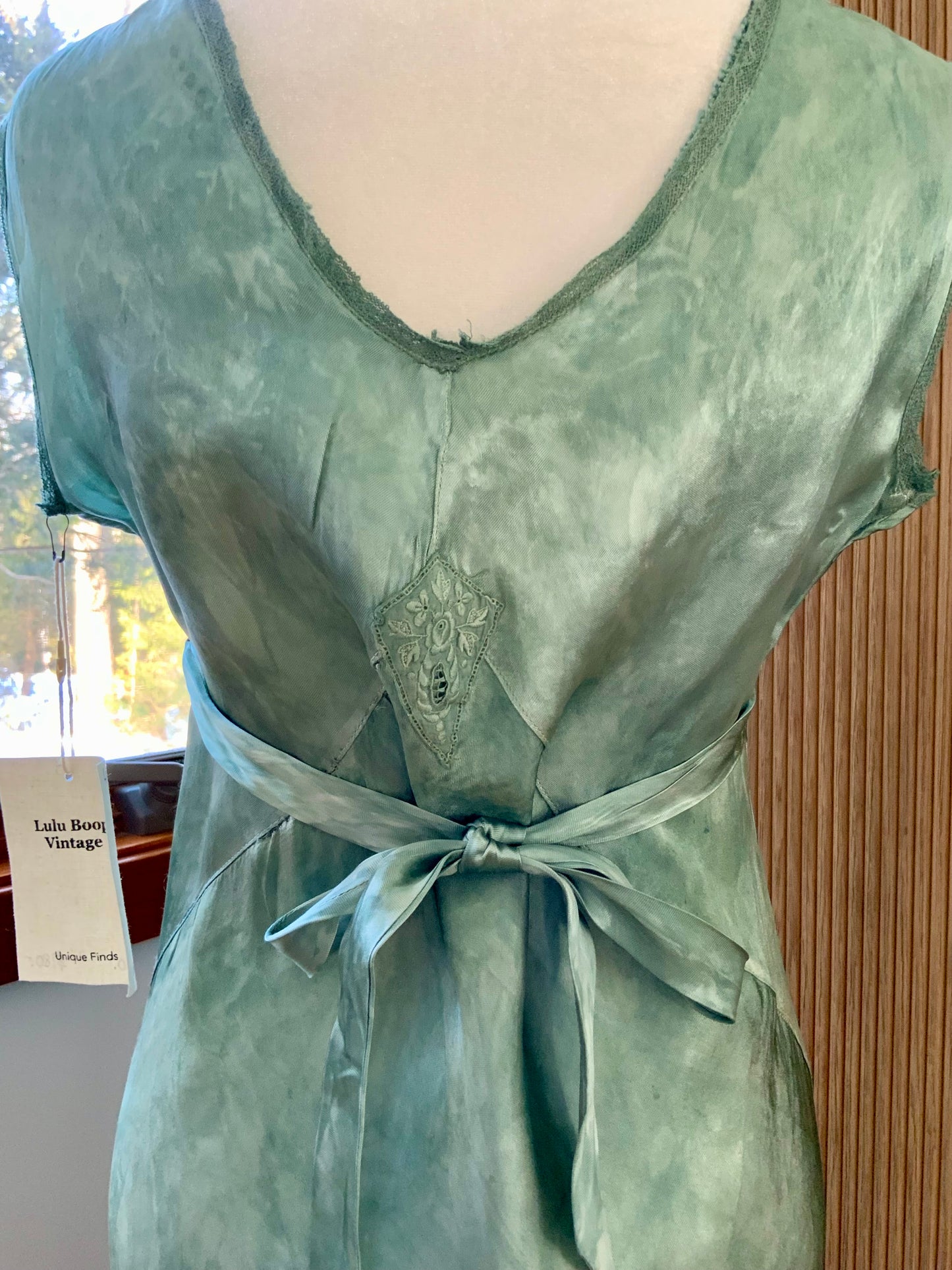 Hand Dyed Antique Satin & Chiffon Nightgown | Restored Vintage Lingerie Dress | 1930s Bias Cut Green Silk Satin Slip
- 40AD