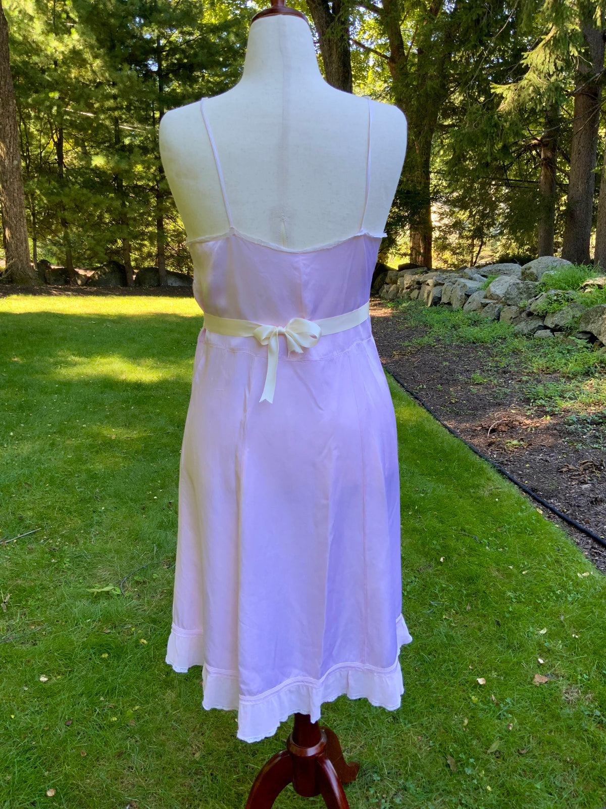 1930s Pink Satin Slip Dress with Lace and Chiffon Ruffle.30CJ
