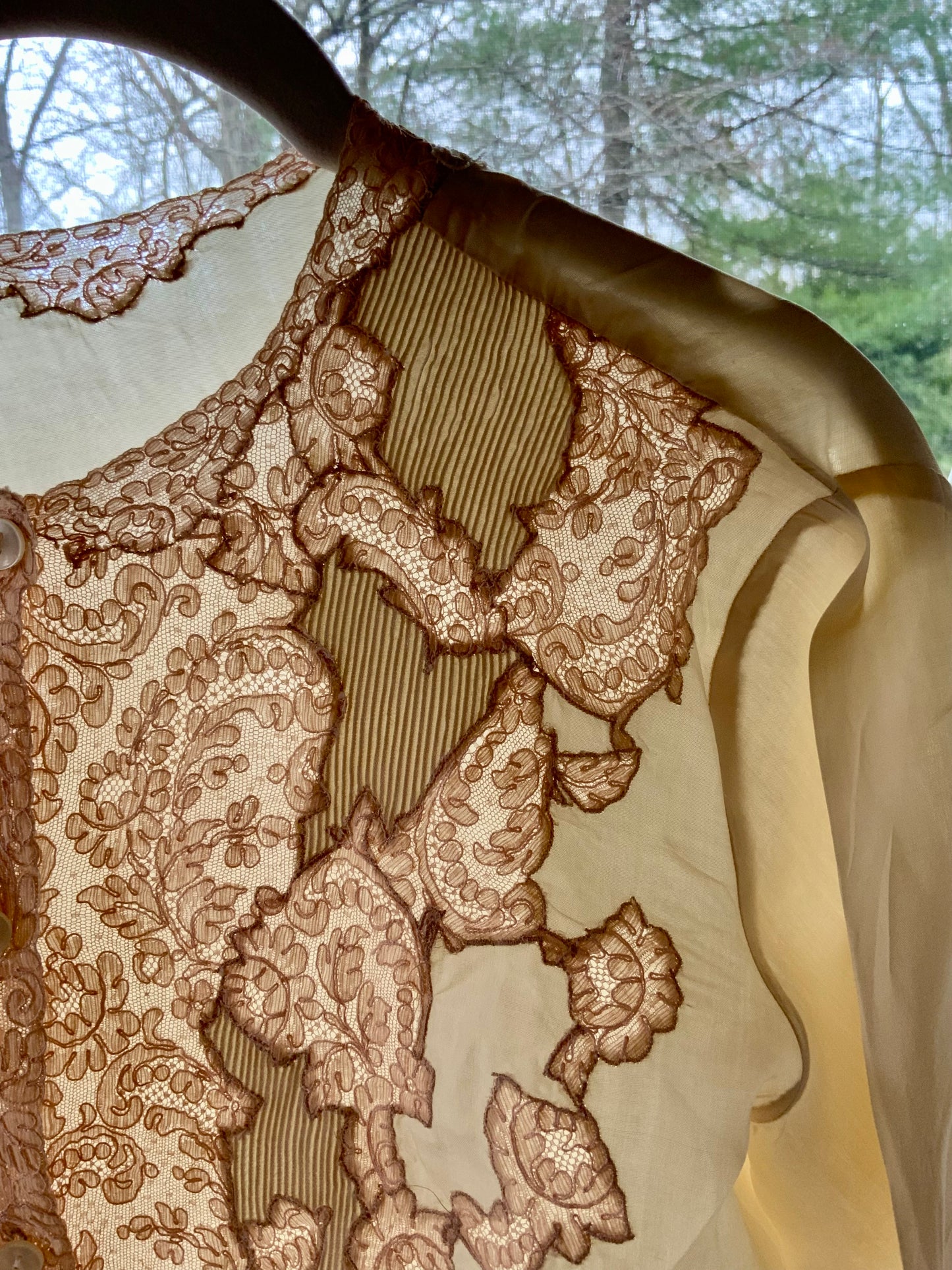 1930s Silk Blouse with Blush Lace Appliqué – Sheer Antique Chiffon Top, Romantic Lingerie Style, Bridal Boudoir Vintage-30BG