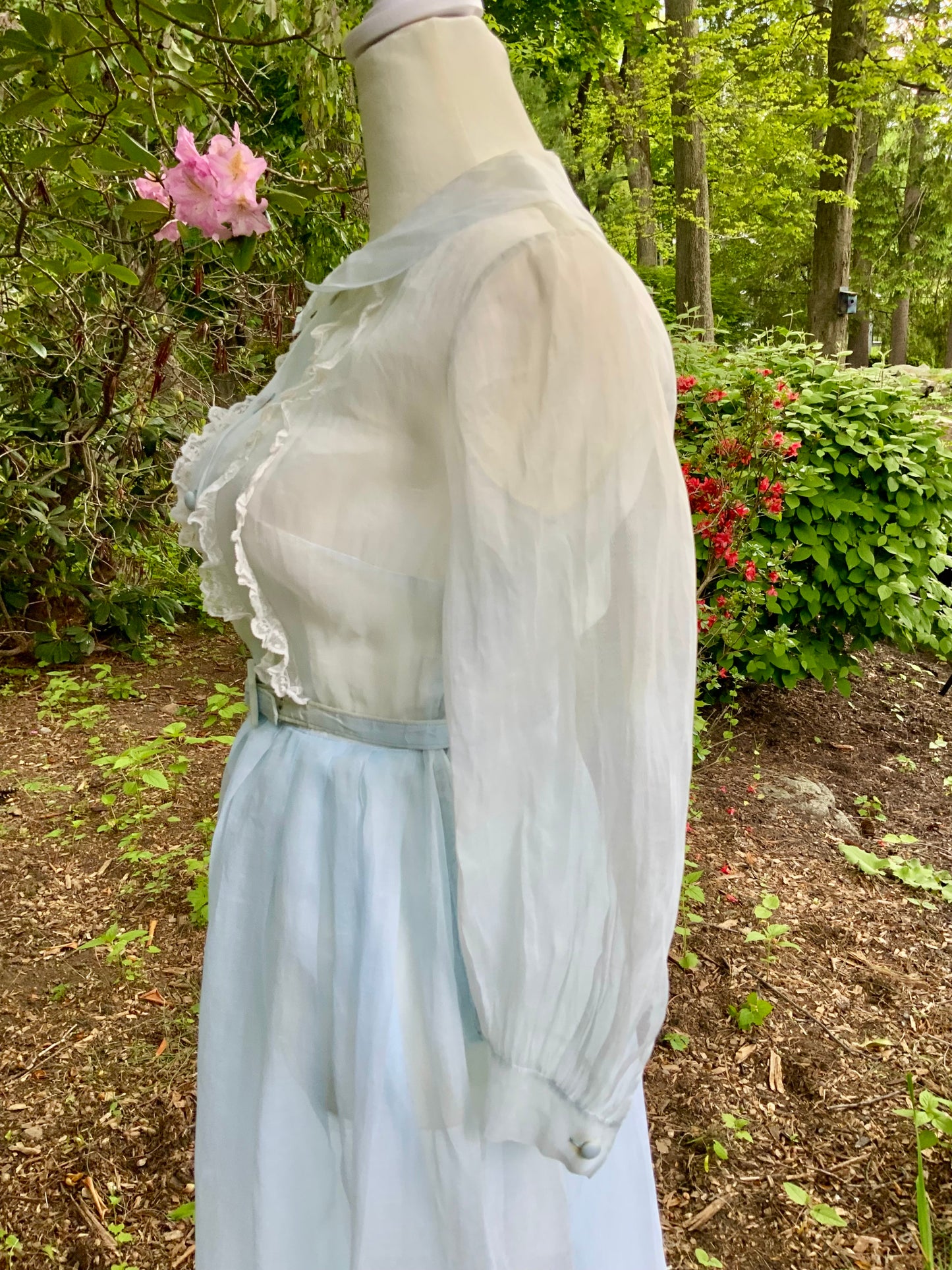 Late 1930s 1940s Sheer Blue Cotton Organdy Dress Romantic Lingerie Style Dress-30CR
