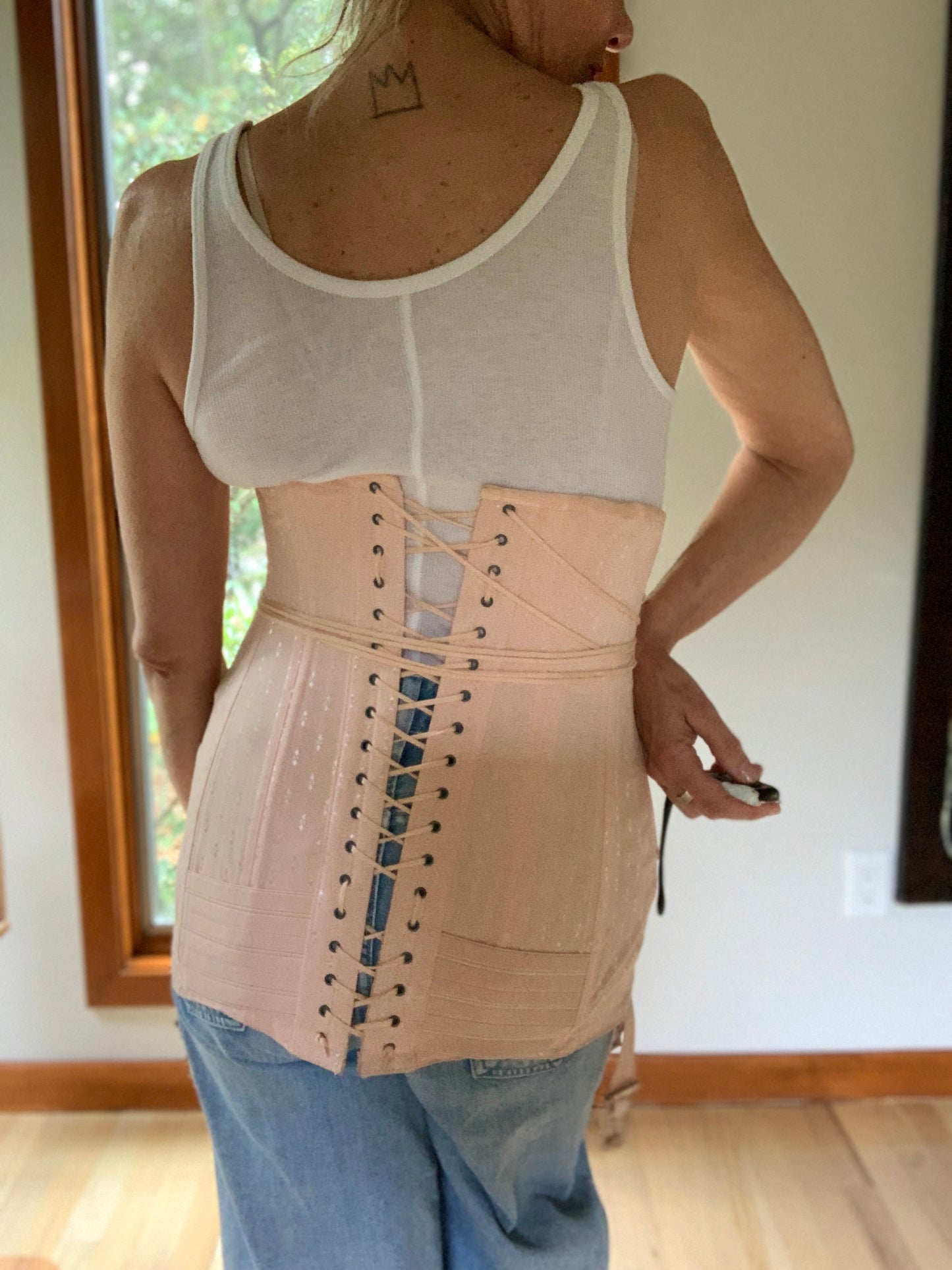 Rare 1920s Rengo Crown Corset Co. Corset Girdle | Pink Cotton & Rayon with Lace Back | Excellent Condition - 20AO