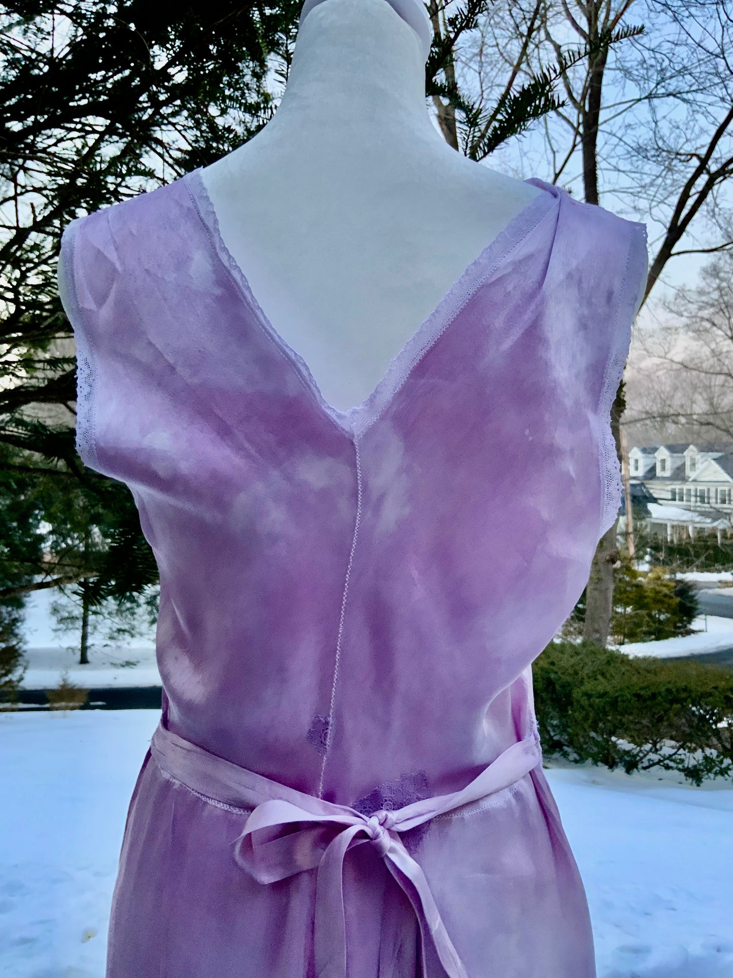 1970s Lilac Satin & Lace Gown – Hand Dyed Romantic Vintage Maxi Dress
 - 50V