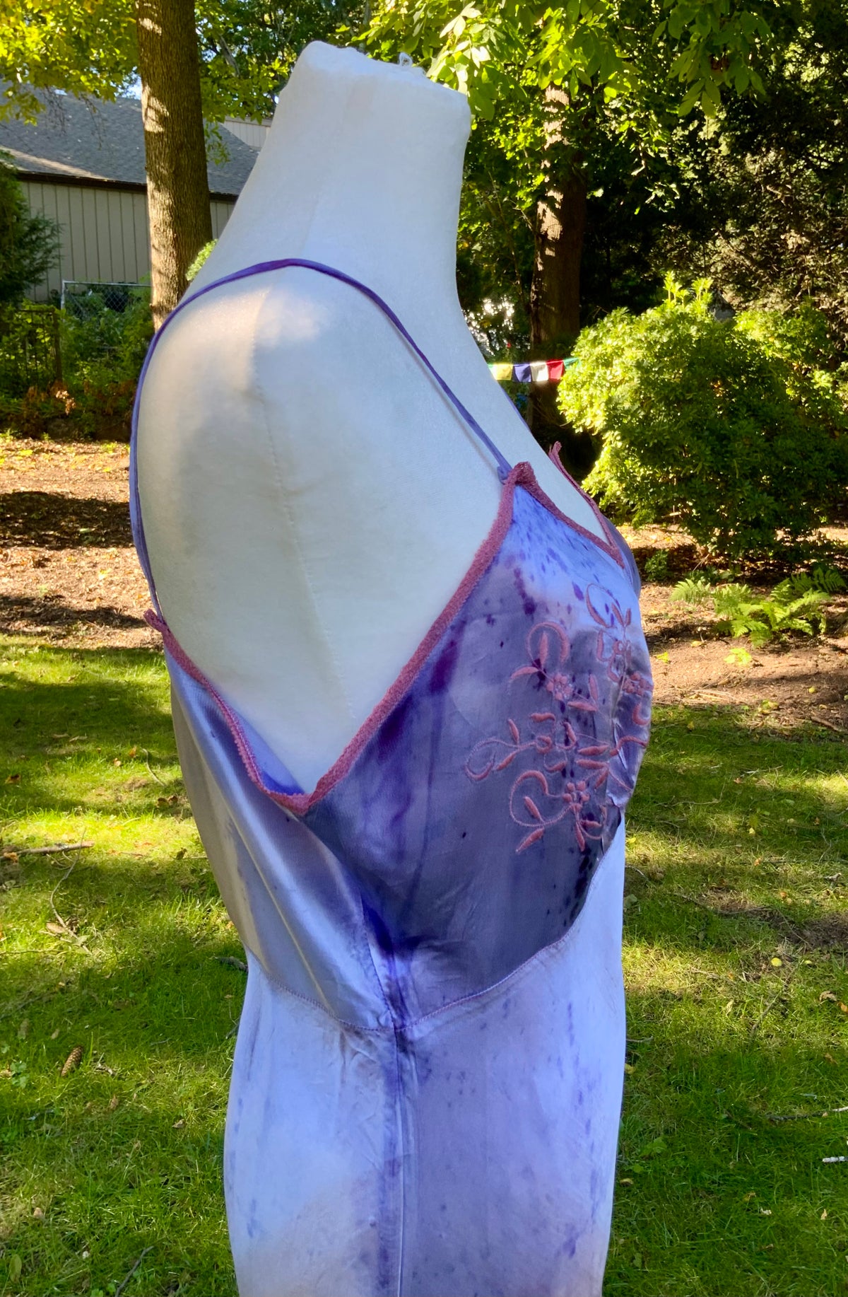 1930s/40s  Hand-Dyed Lilac Satin Slip Dress with Floral Embroidery.40BV