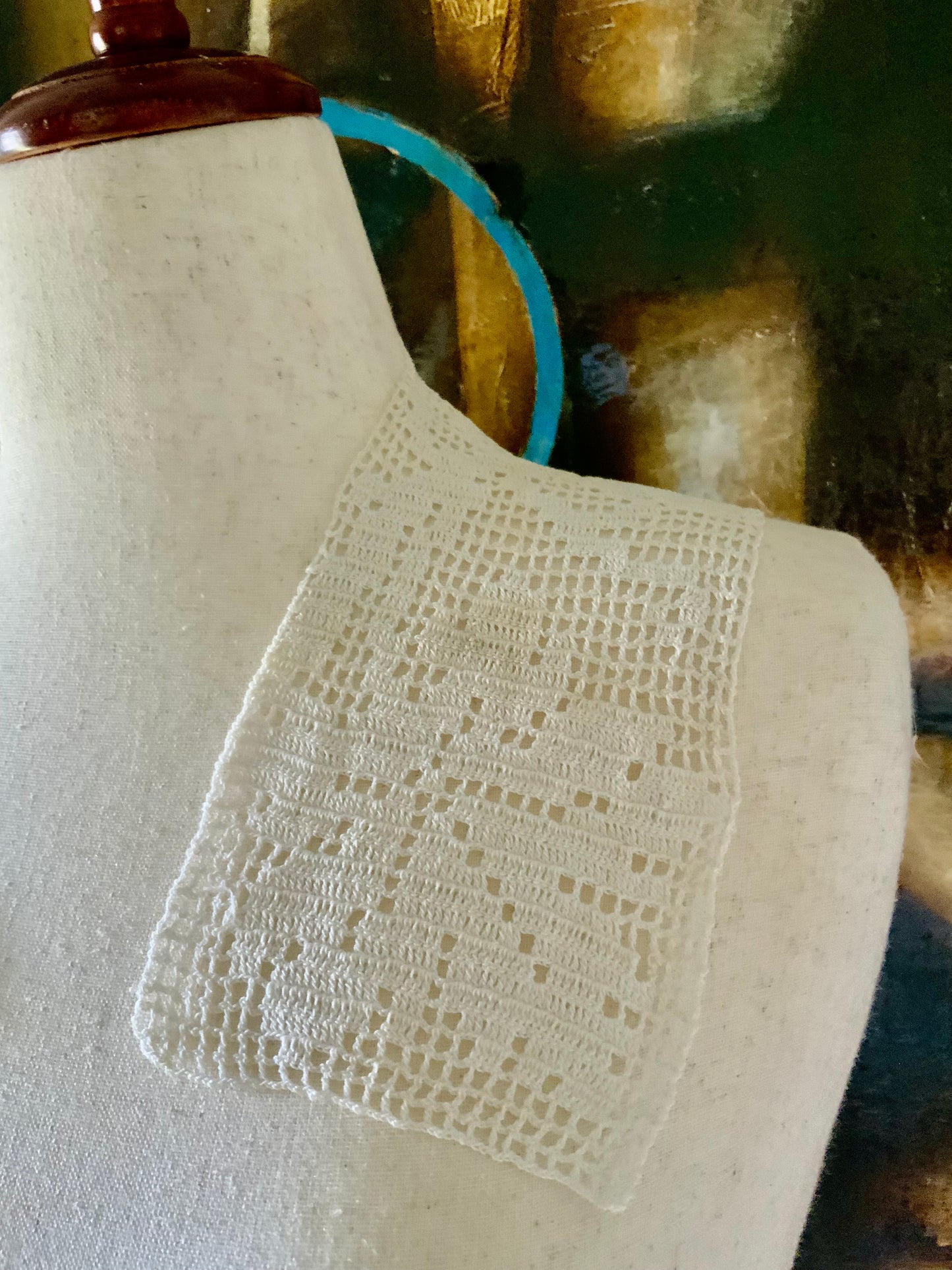 Antique Edwardian Filet Crochet Collar Bib | Handmade Cotton Lace Collar | 1900s Statement Detachable Collar